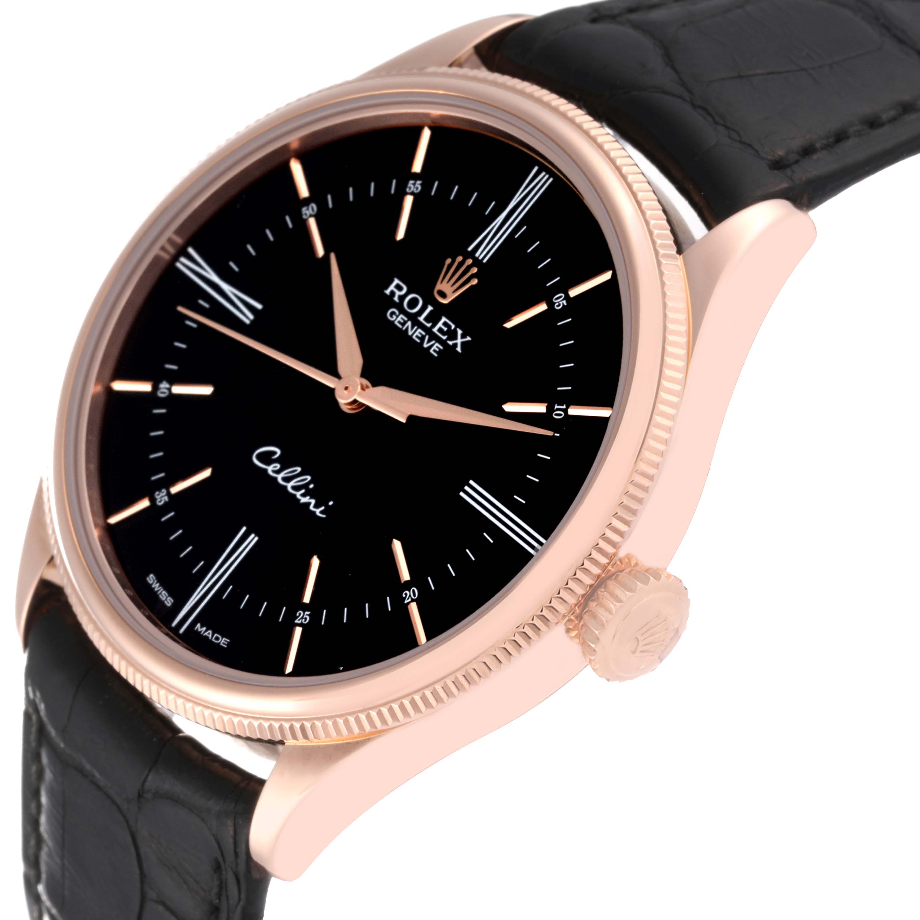 The image shows a side angle of a Rolex Cellini 50505 Men's Rose Gold Black Dial 50505 Men's Rose Gold Black Dial watch highlighting its crown, bezel, dial, and black leather strap.