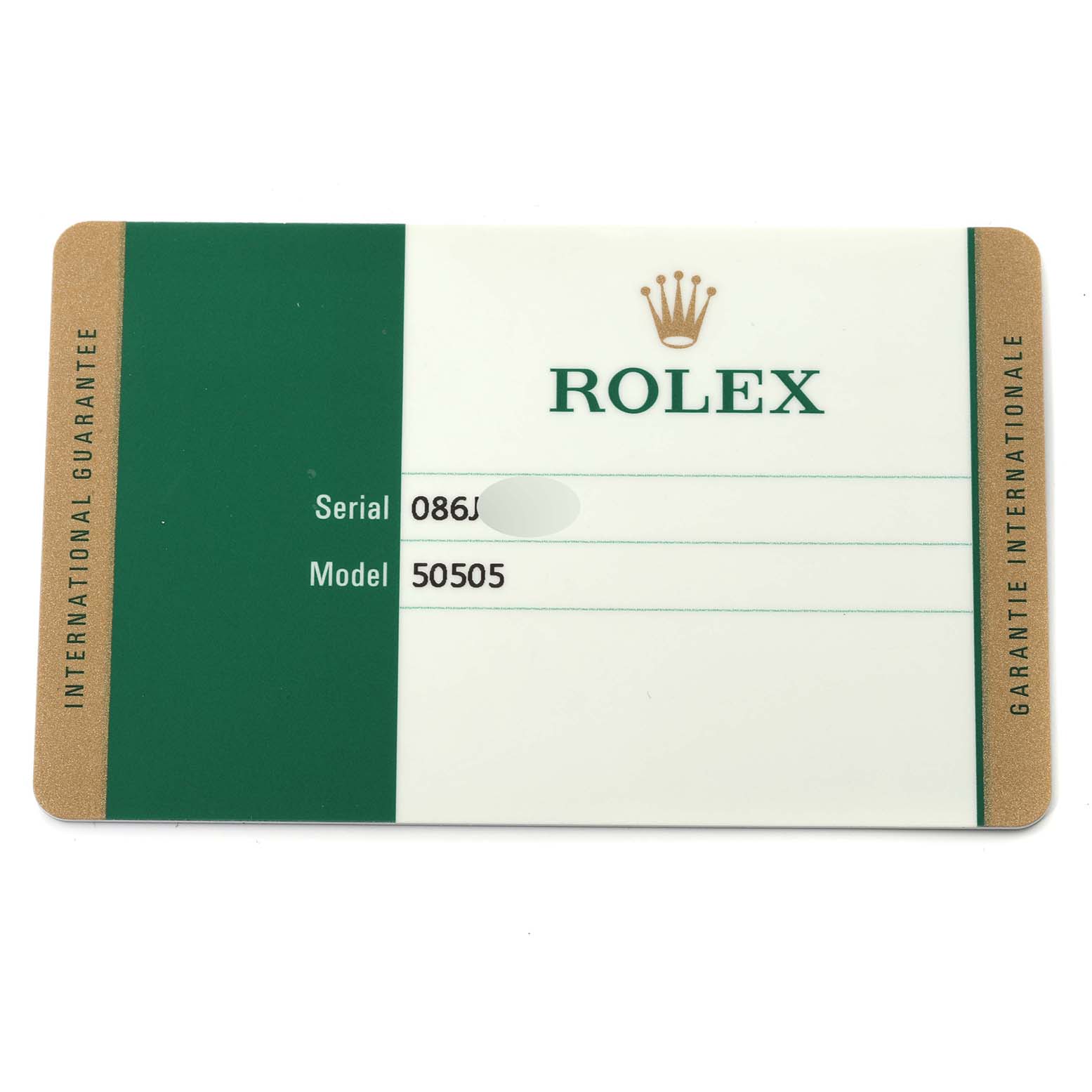 This image shows the international guarantee card for the Rolex Cellini 50505 Men's Rose Gold Black Dial 50505 Men's Rose Gold Black Dial model with a visible serial number and model number.
