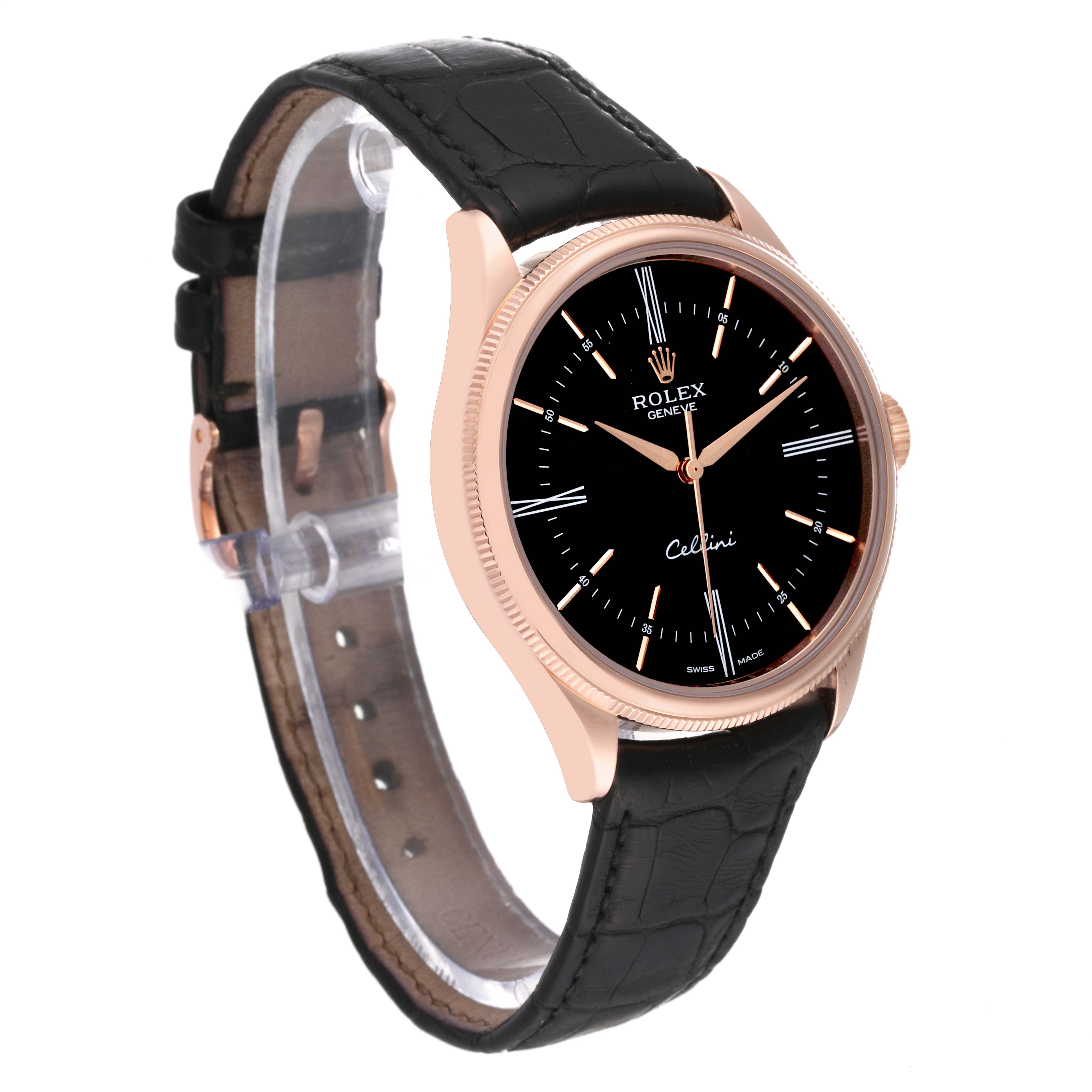 The image shows a Rolex Cellini 50505 Men's Rose Gold Black Dial 50505 Men's Rose Gold Black Dial watch from a 3/4 angle, highlighting its black dial, rose gold case, and black leather strap.