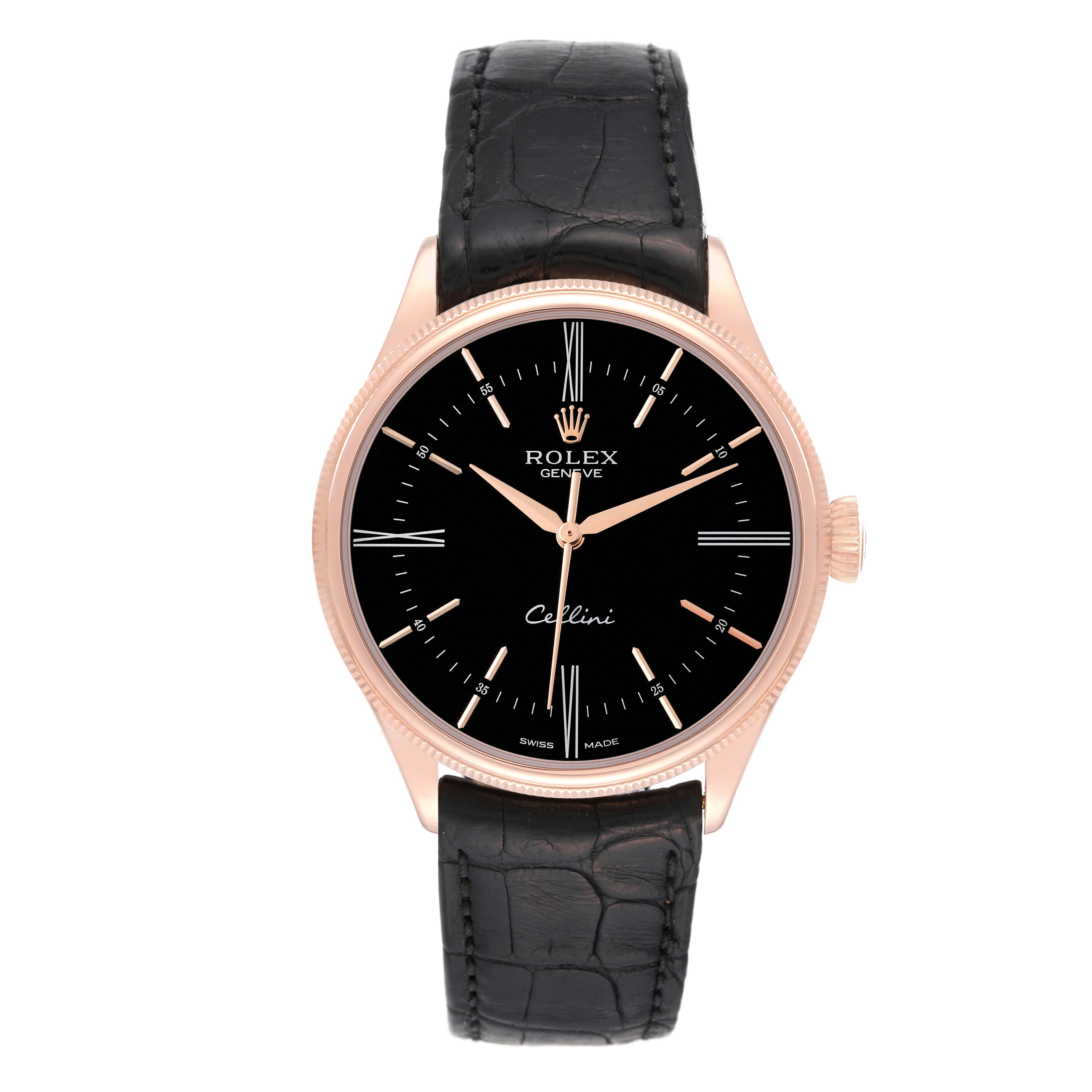 The image shows a front view of a Rolex Cellini 50505 Men's Rose Gold Black Dial 50505 Men's Rose Gold Black Dial watch, highlighting its black dial, rose gold case, and black leather strap.