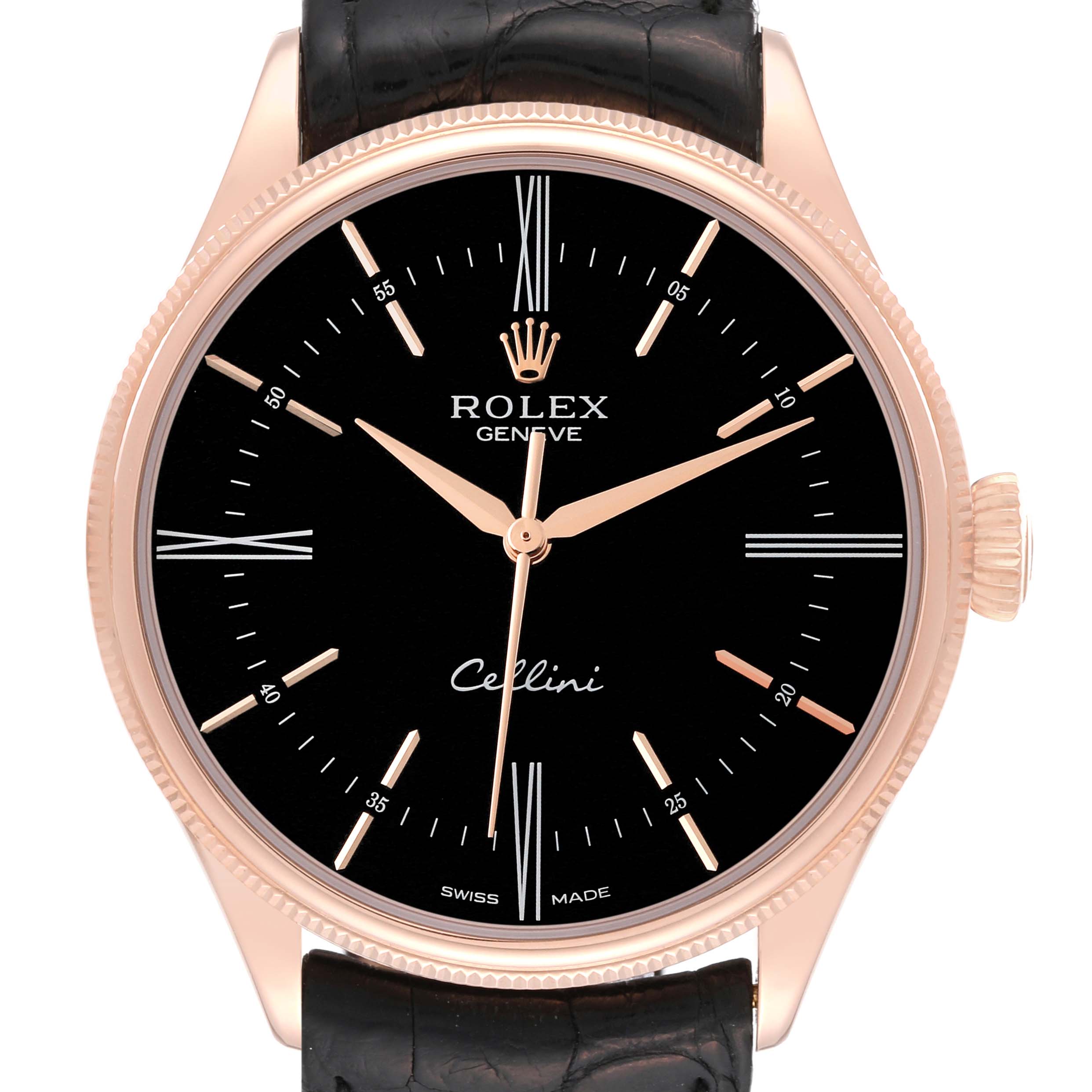This image shows a front view of a Rolex Cellini 50505 Men's Rose Gold Black Dial 50505 Men's Rose Gold Black Dial watch featuring a black dial, rose gold case, and black leather strap.