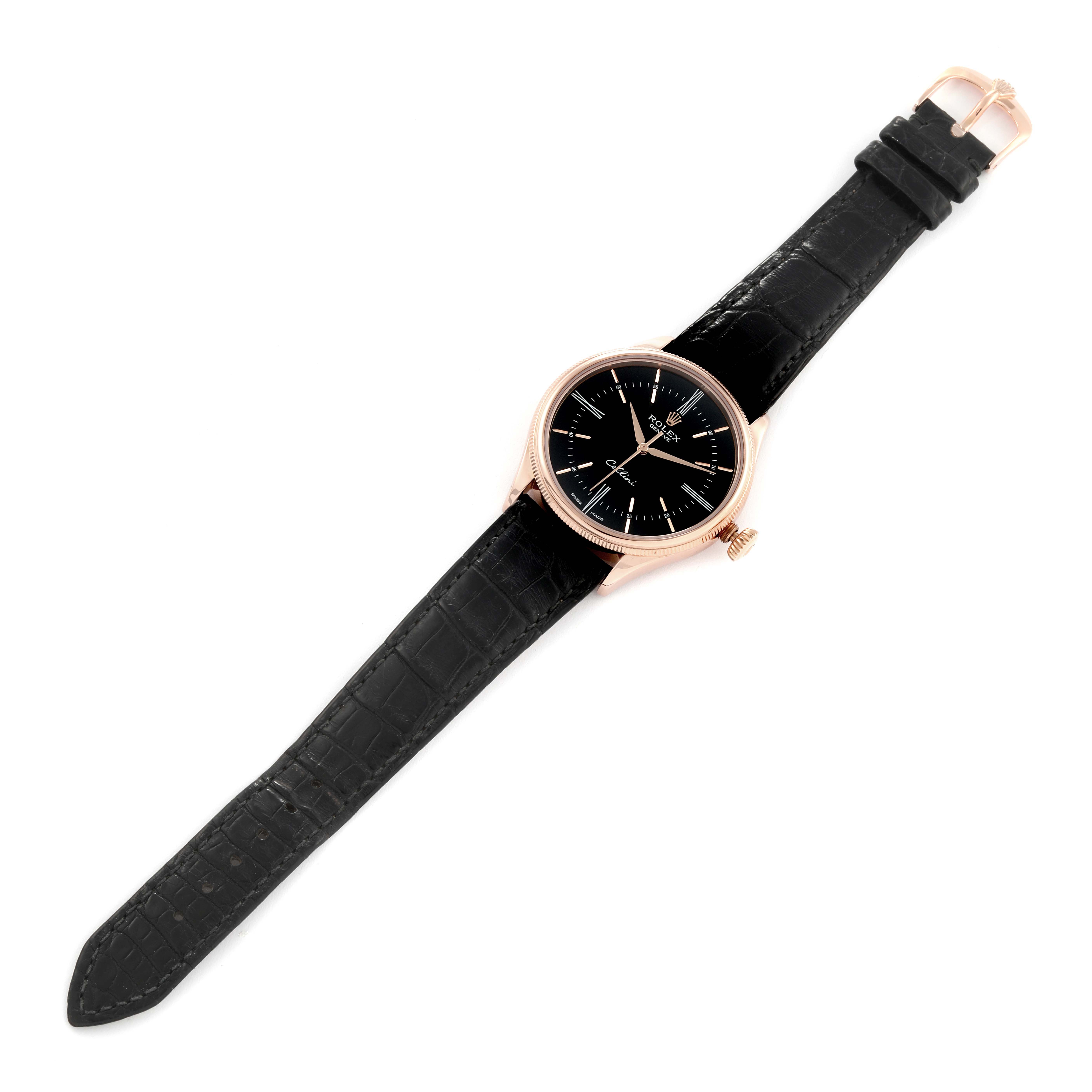This image shows the Rolex Cellini 50505 Men's Rose Gold Black Dial 50505 Men's Rose Gold Black Dial watch laid flat, featuring its black dial, rose gold case, and black leather strap.