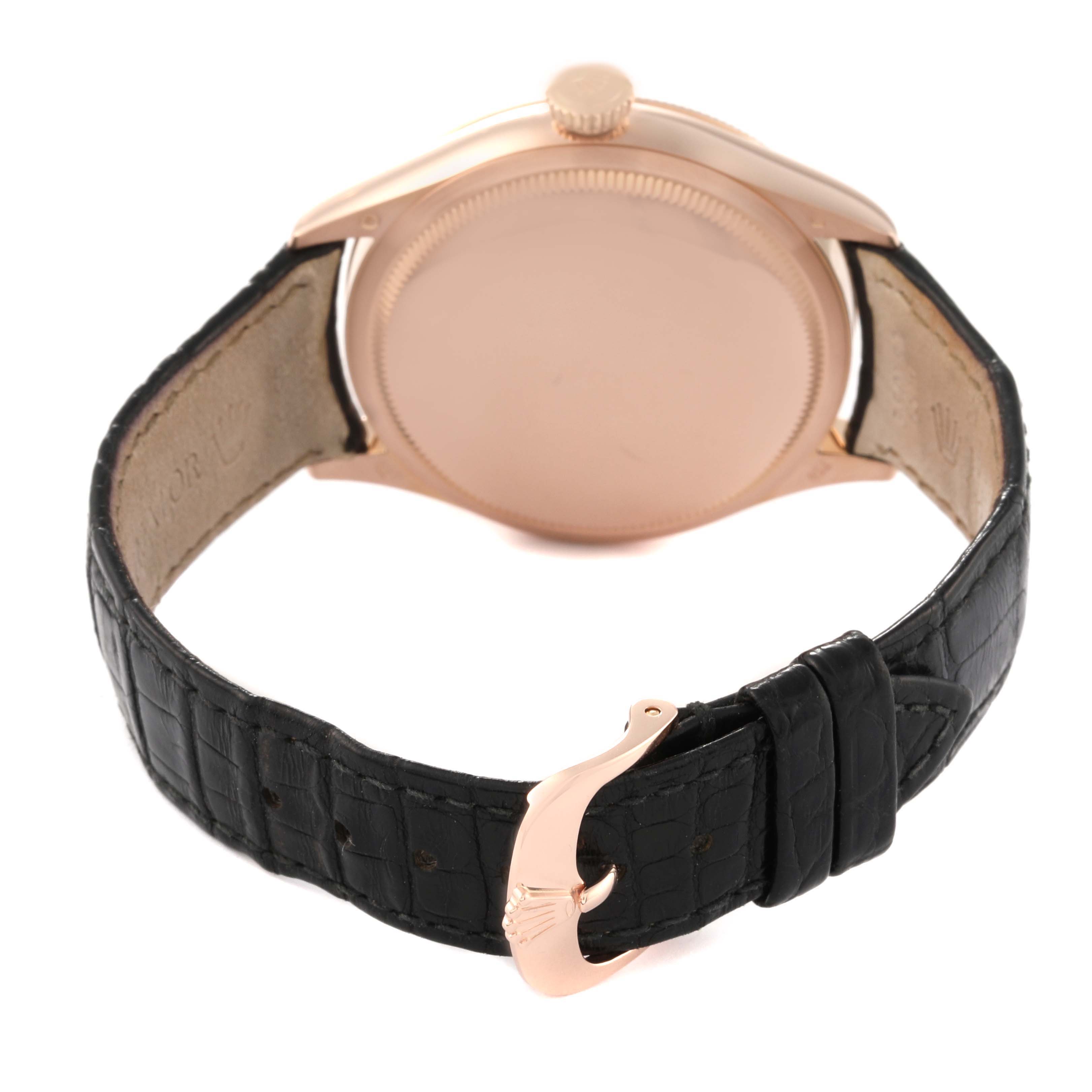 The image shows the back of a Rolex Cellini 50505 Men's Rose Gold Black Dial 50505 Men's Rose Gold Black Dial watch, highlighting its black leather strap and rose gold clasp.