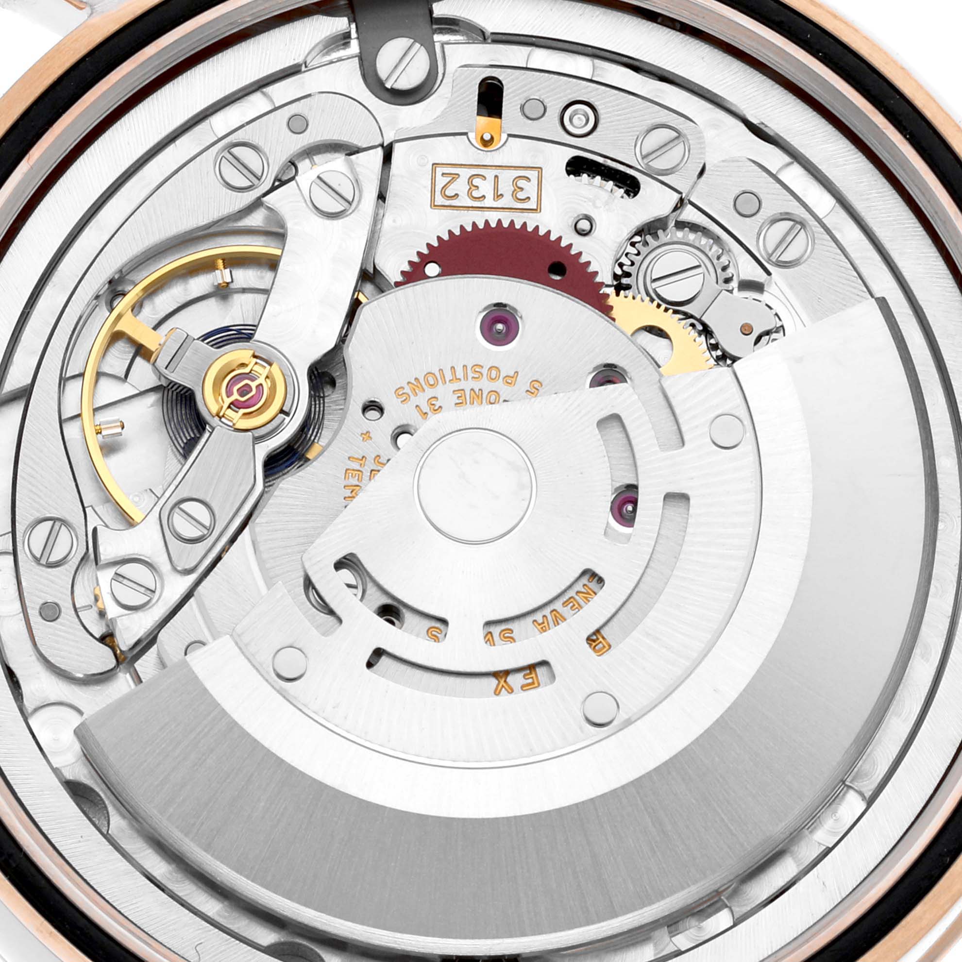The image shows the intricate internal mechanism of a Rolex Cellini 50505 Men's Rose Gold Black Dial 50505 Men's Rose Gold Black Dial watch from a close-up angle.
