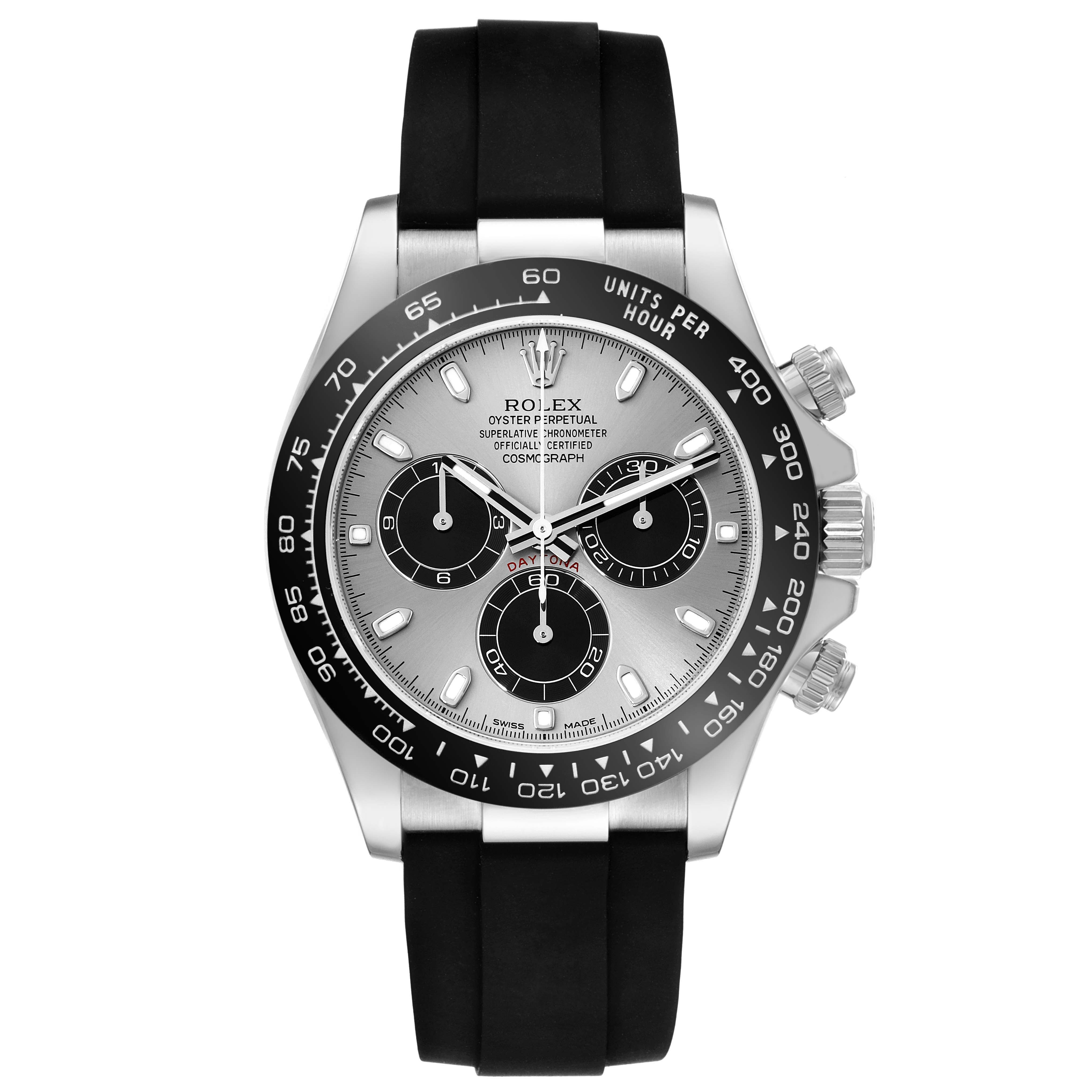 The image shows a front view of the Rolex Daytona 116519 Men's White Gold Grey Dial 116519 Men's White Gold Grey Dial watch, featuring a silver dial, black sub-dials, and a black rubber strap.