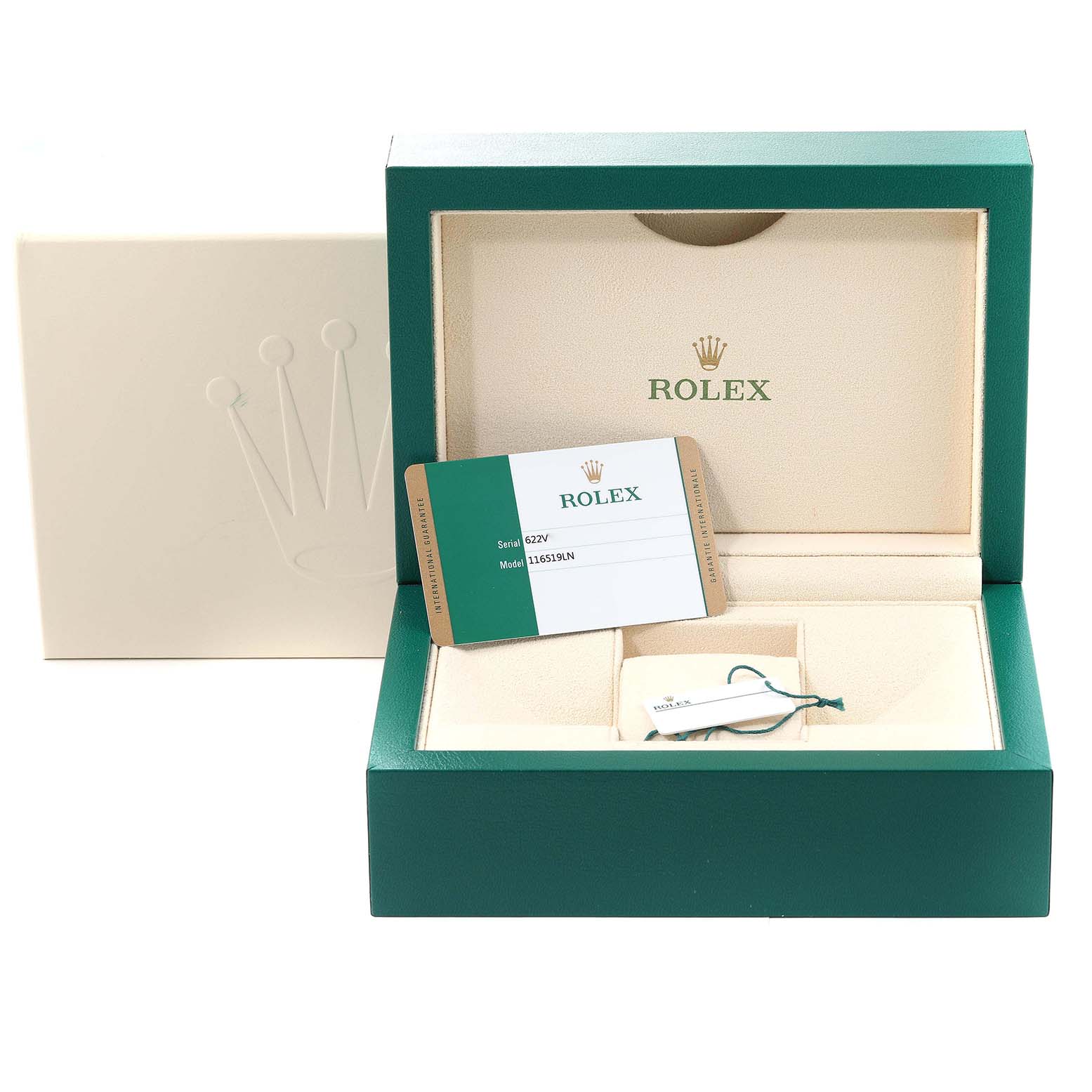 The image shows the packaging, card, and tag for a Rolex Daytona 116519 Men's White Gold Grey Dial 116519 Men's White Gold Grey Dial, with the inner and outer boxes and the watch certificate.