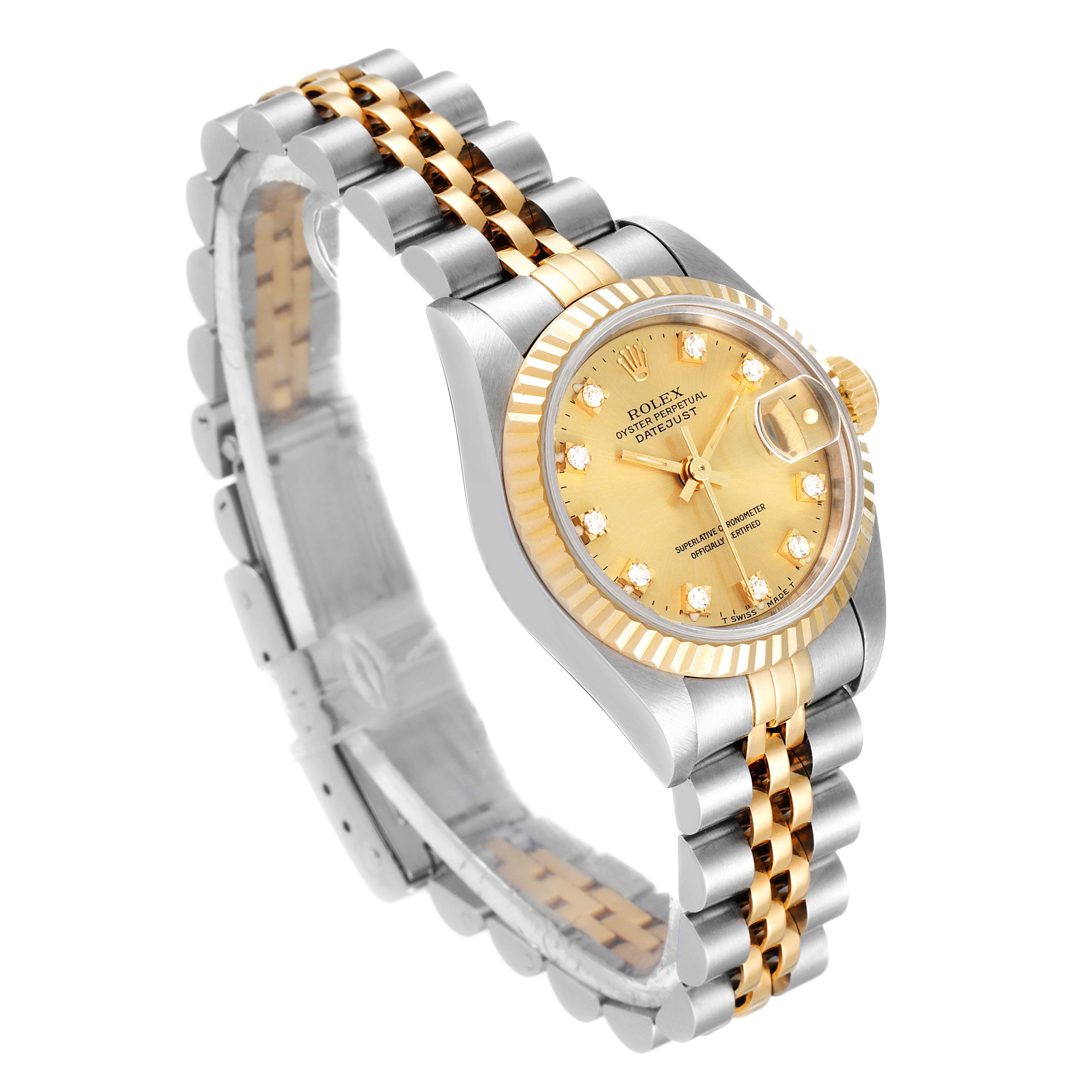The image shows a Rolex Datejust 69173 Women
s Steel and Gold (two tone) Champagne Dial 69173 Women
s Steel and Gold (two tone) Champagne Dial watch at an oblique angle, highlighting its gold dial, diamond markers, fluted bezel, and two-tone bracelet.
