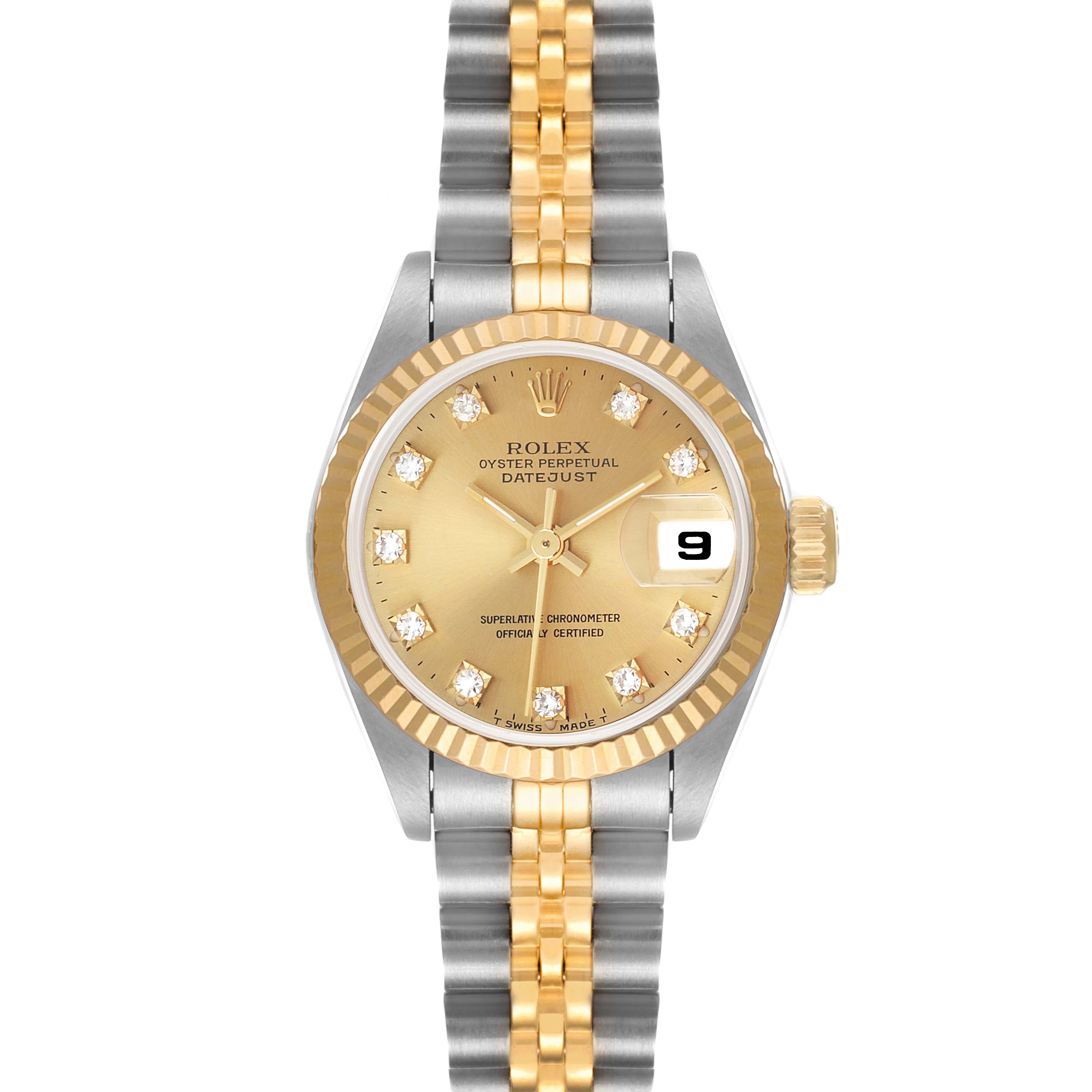 This image shows a front view of a Rolex Datejust 69173 Women
s Steel and Gold (two tone) Champagne Dial 69173 Women
s Steel and Gold (two tone) Champagne Dial with a gold dial, diamond hour markers, and a two-tone bracelet.