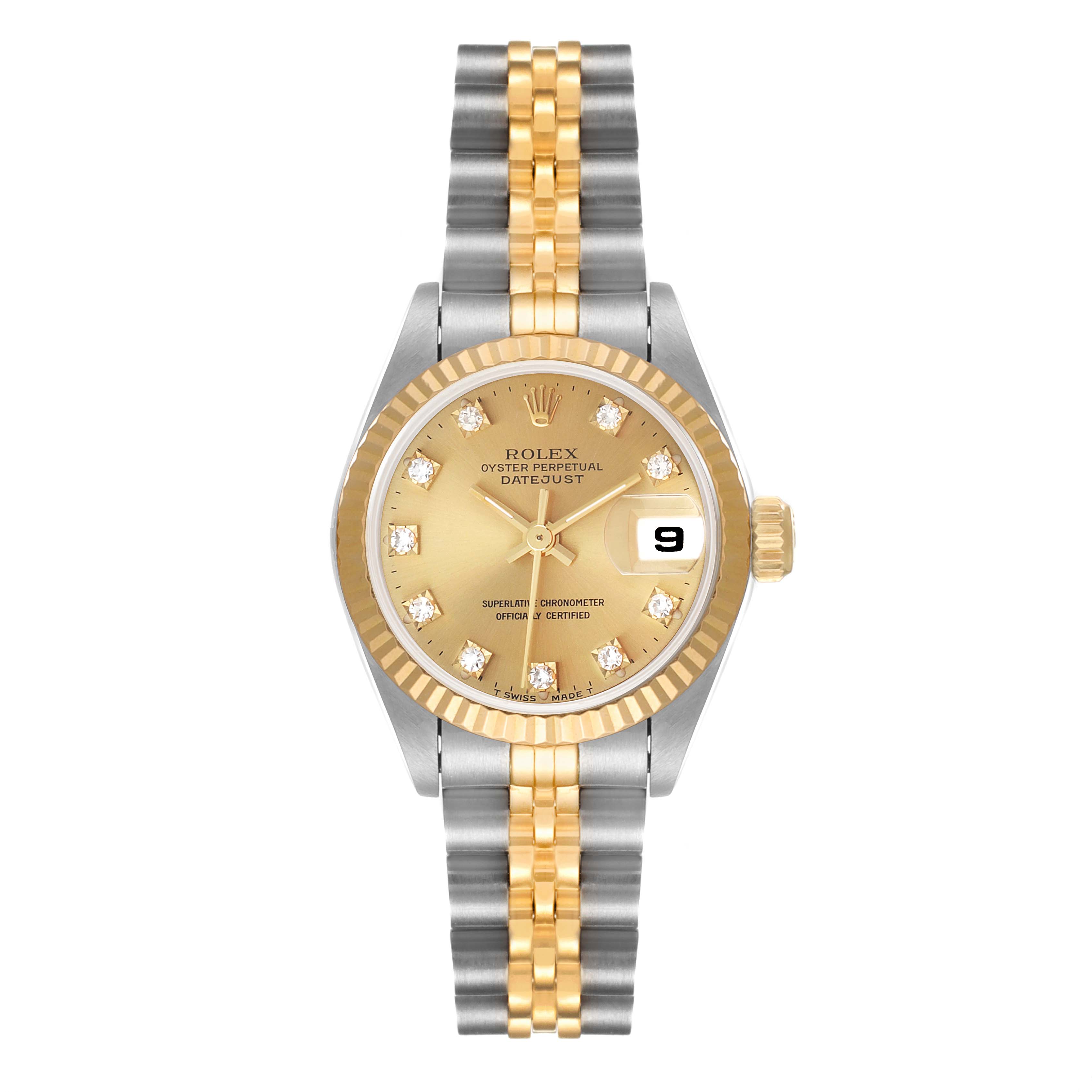 The Rolex Datejust 69173 Women
s Steel and Gold (two tone) Champagne Dial 69173 Women
s Steel and Gold (two tone) Champagne Dial watch is shown from a front angle, displaying the face, dial, bezel, and bracelet.