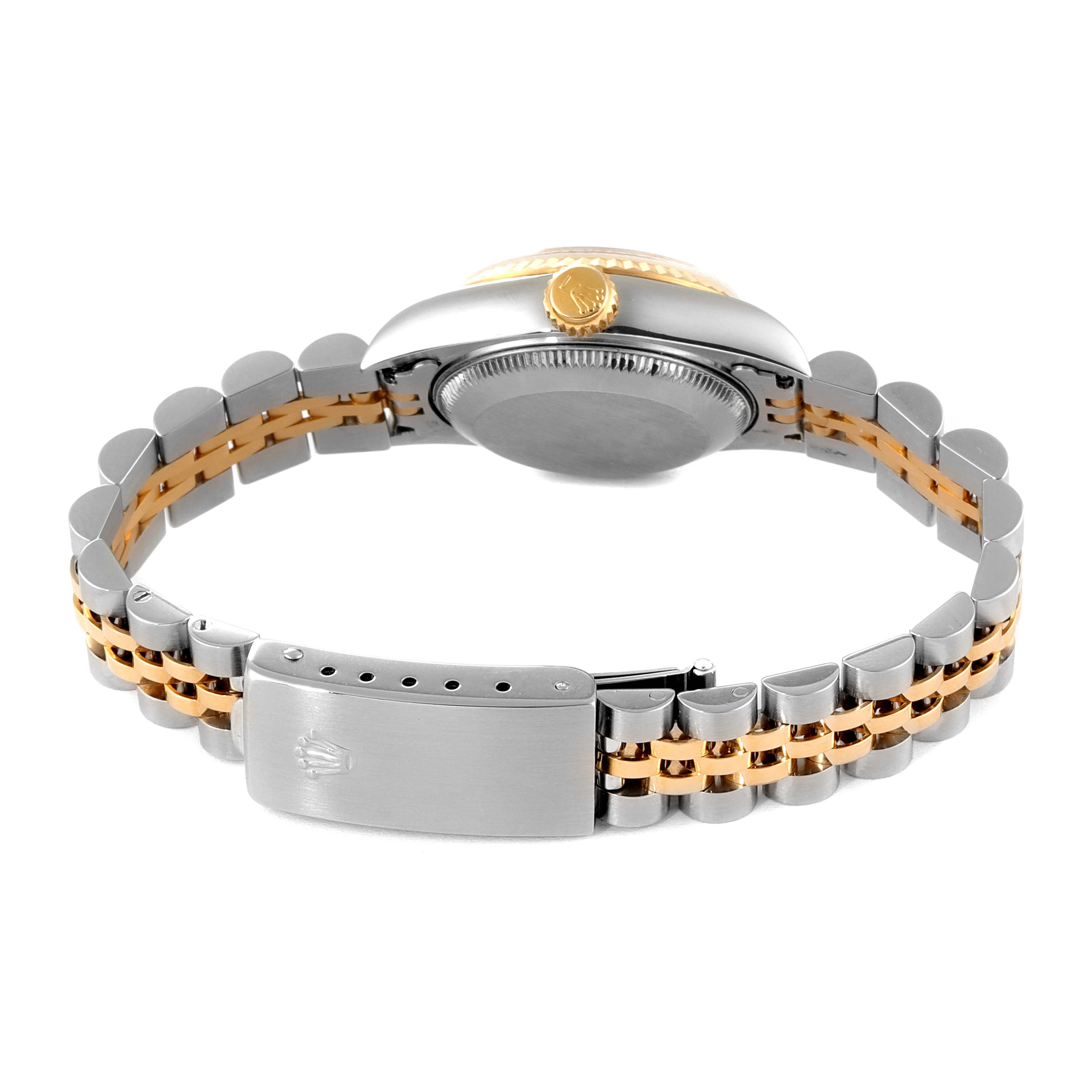 The image shows the back angle of a Rolex Datejust 69173 Women
s Steel and Gold (two tone) Champagne Dial 69173 Women
s Steel and Gold (two tone) Champagne Dial watch focusing on the case back and two-tone bracelet with the clasp.