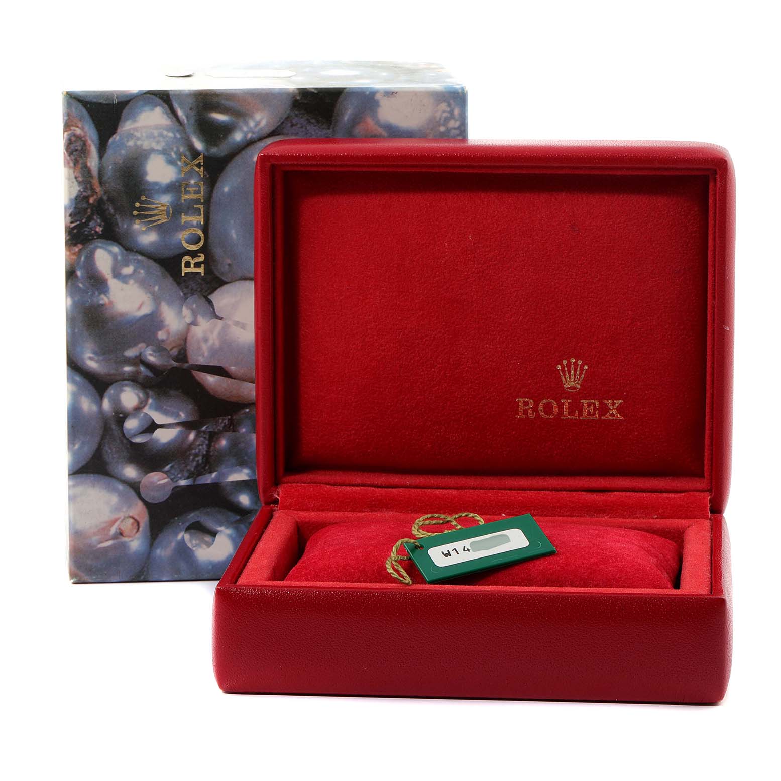 The image shows a Rolex Datejust 69173 Women
s Steel and Gold (two tone) Champagne Dial 69173 Women
s Steel and Gold (two tone) Champagne Dial watch box and tag, with an outer decorative box in the background.