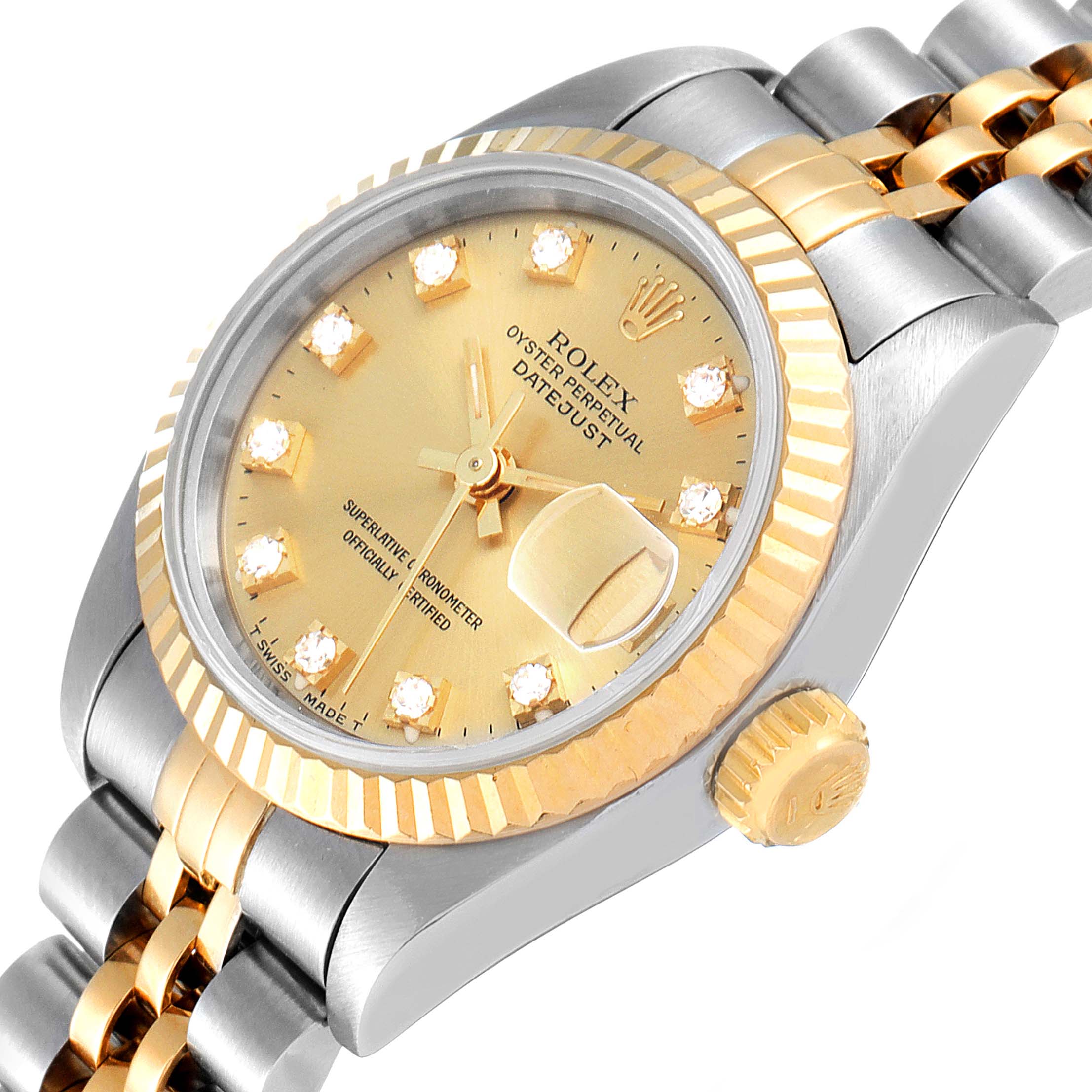 This image shows the front and right side view of a Rolex Datejust 69173 Women
s Steel and Gold (two tone) Champagne Dial 69173 Women
s Steel and Gold (two tone) Champagne Dial, highlighting the gold dial, crown, and two-tone bracelet.