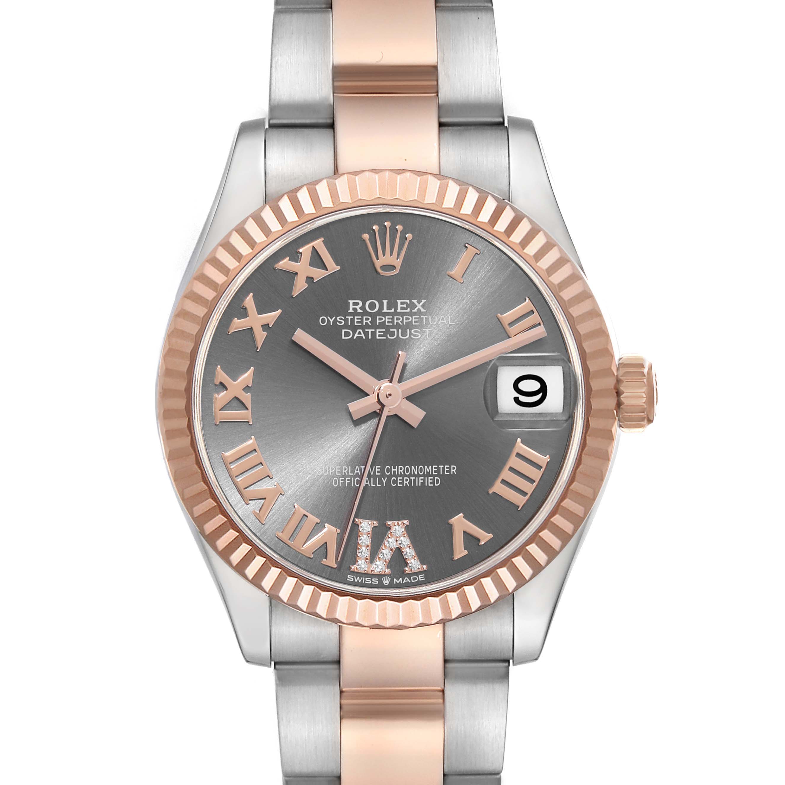 This Rolex Mid-Size 278271 Women's Steel and Gold (two tone) Grey Dial 278271 Women's Steel and Gold (two tone) Grey Dial Datejust watch is shown from a front angle, highlighting its face, bezel, and parts of the bracelet.