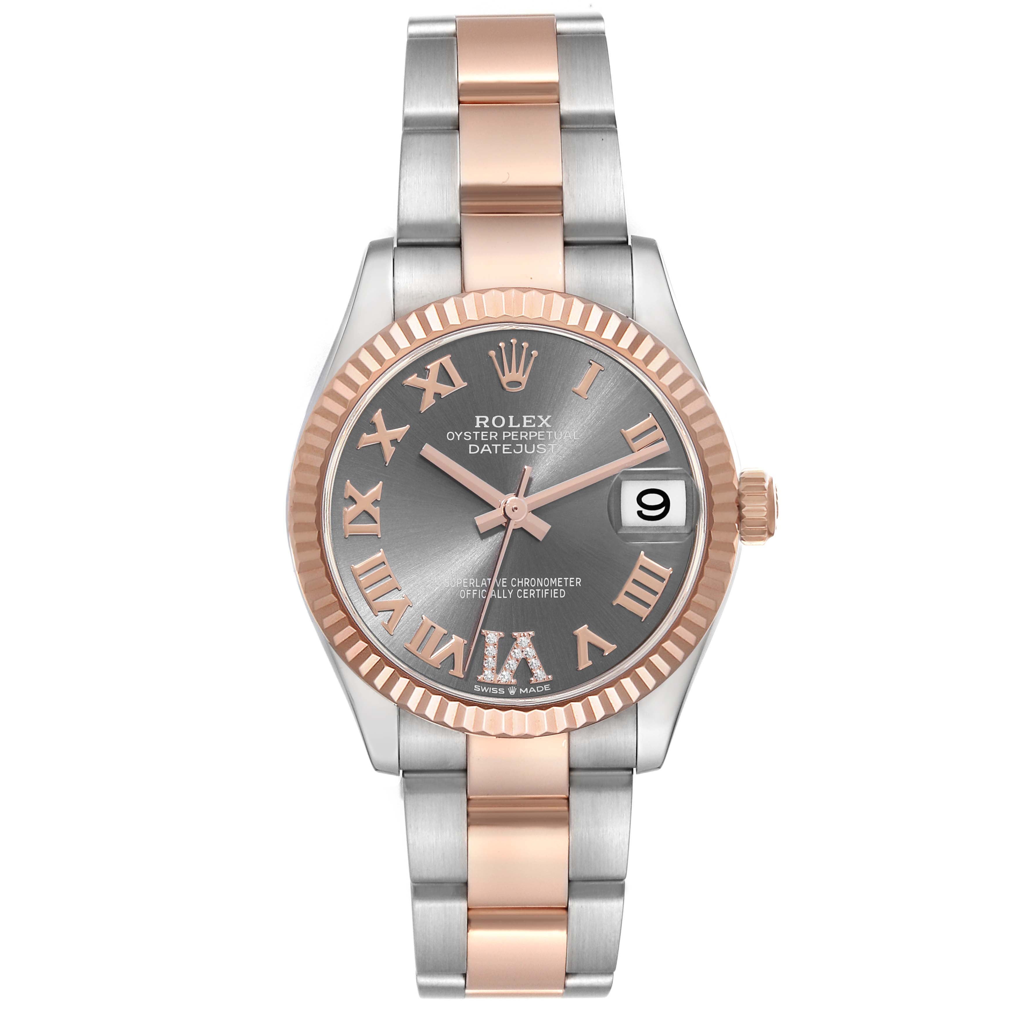 This image shows a front view of the Rolex Mid-Size 278271 Women's Steel and Gold (two tone) Grey Dial 278271 Women's Steel and Gold (two tone) Grey Dial Datejust watch, featuring a silver and rose gold bracelet and Roman numeral markers.