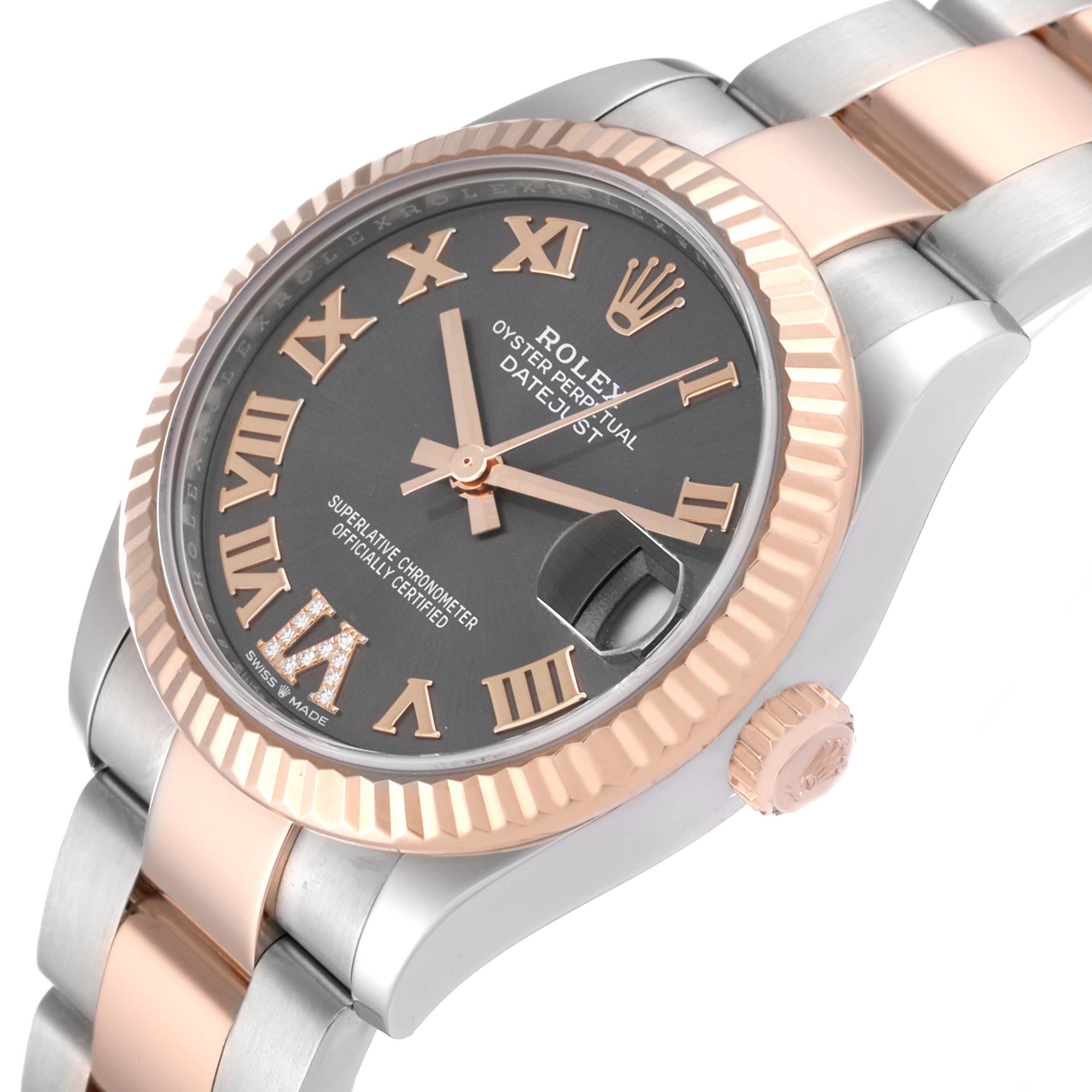 The image shows a close-up view of a mid-size Rolex Oyster Perpetual Datejust watch, highlighting the dial, bezel, and part of the bracelet.