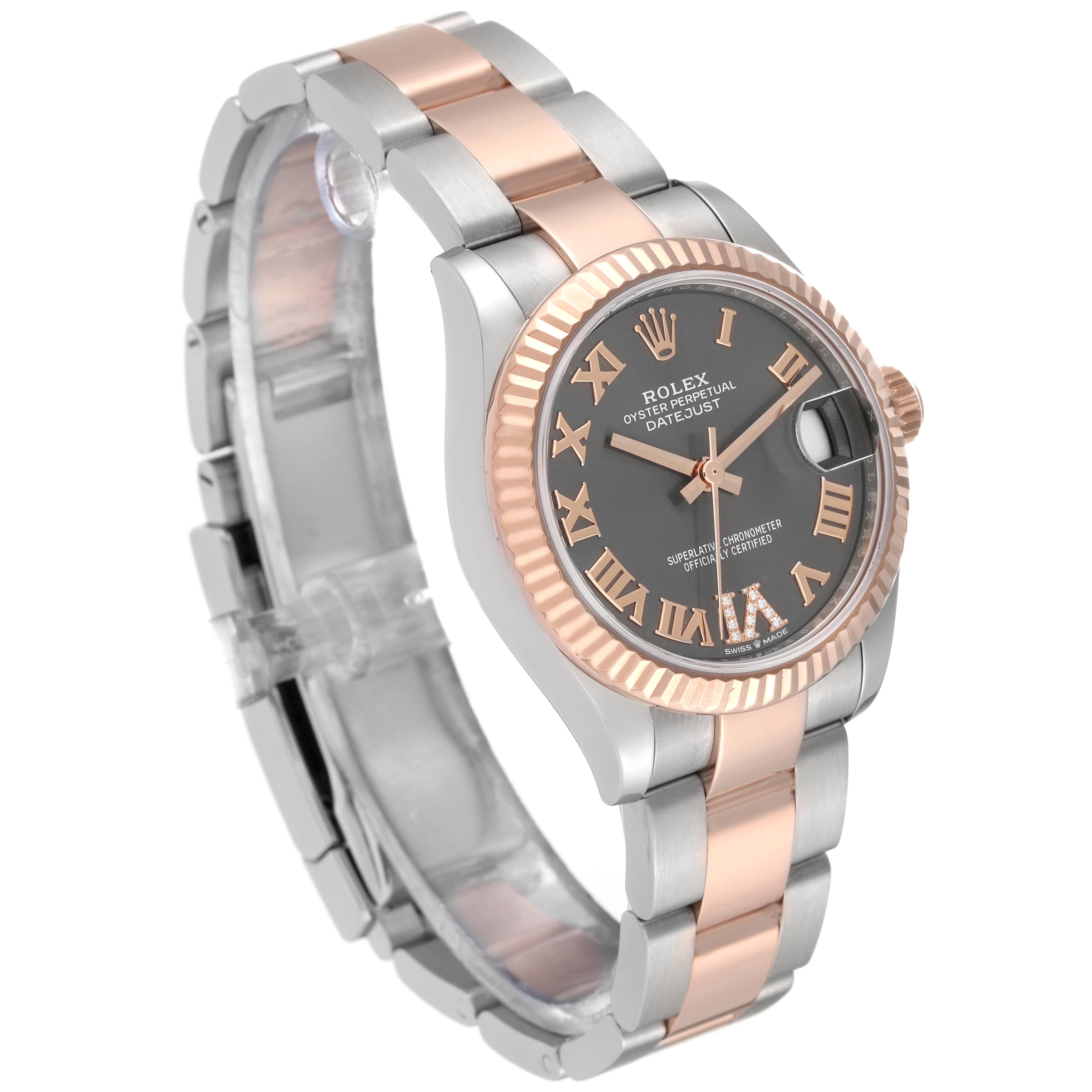 The image shows a Rolex Mid-Size 278271 Women's Steel and Gold (two tone) Grey Dial 278271 Women's Steel and Gold (two tone) Grey Dial Datejust watch at an angle displaying the face, bezel, and bracelet.