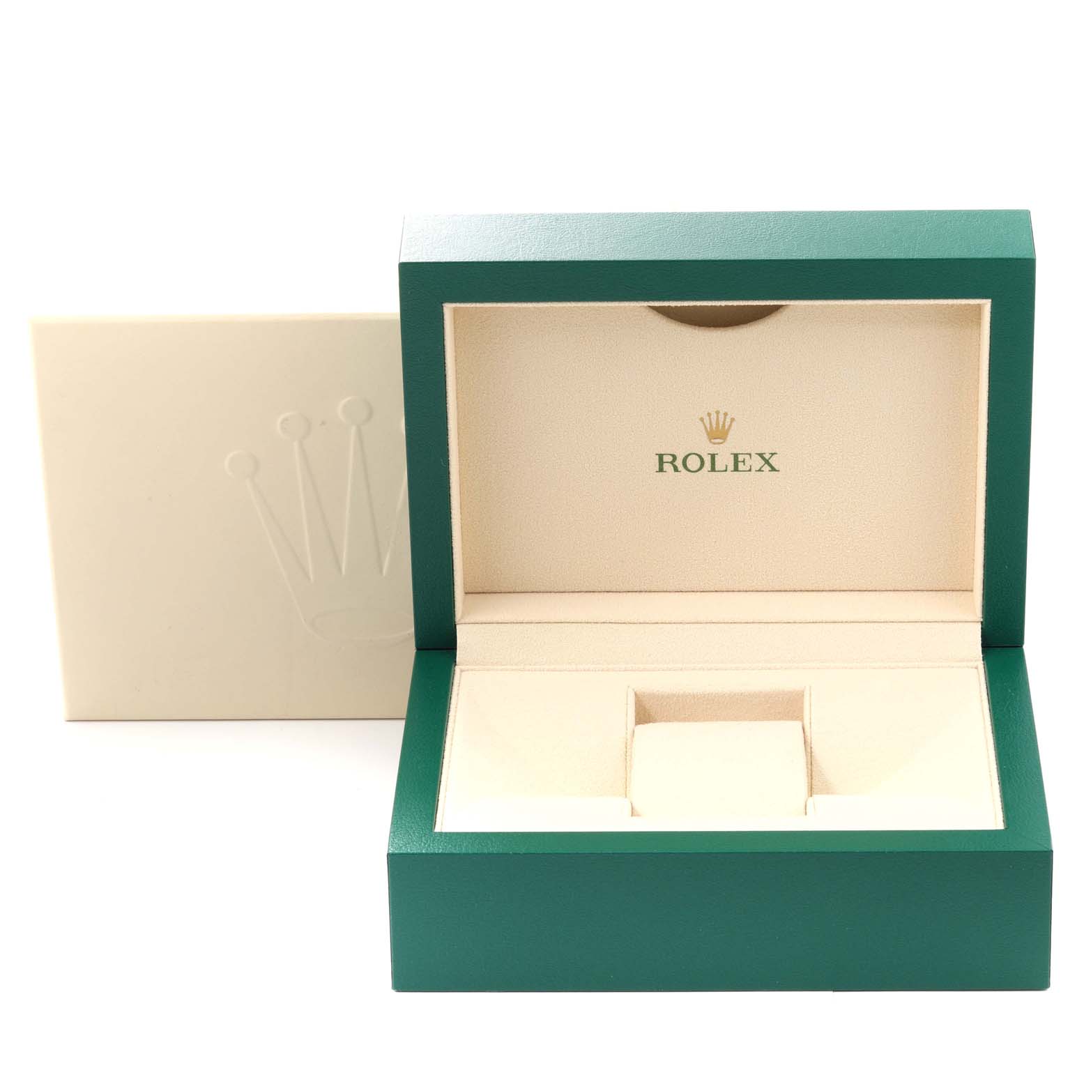 The image shows an open Rolex watch box for a Mid-Size model, with the outer box positioned behind it.