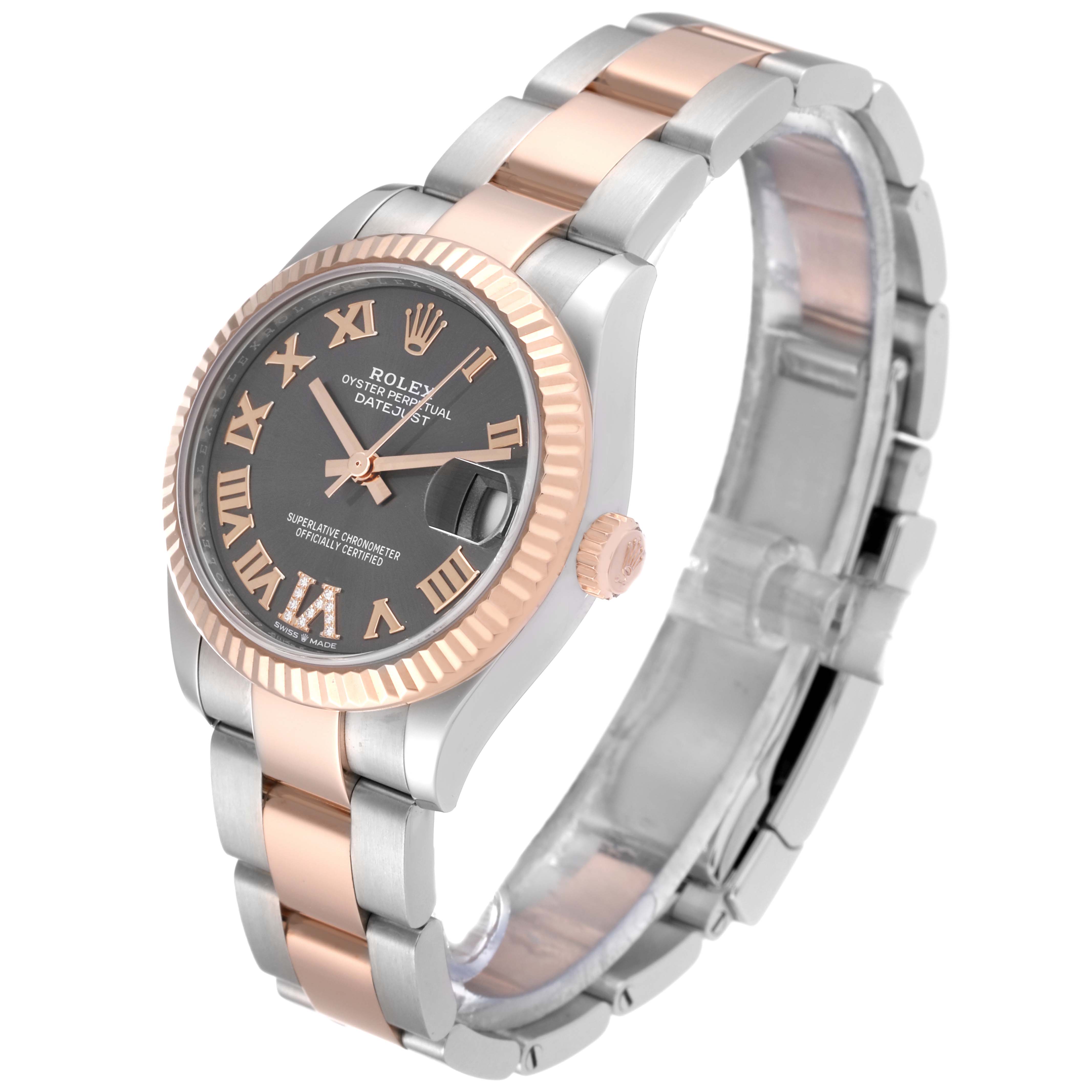 This Rolex Mid-Size 278271 Women's Steel and Gold (two tone) Grey Dial 278271 Women's Steel and Gold (two tone) Grey Dial watch is shown at an angle highlighting the face, bracelet, and side crown.