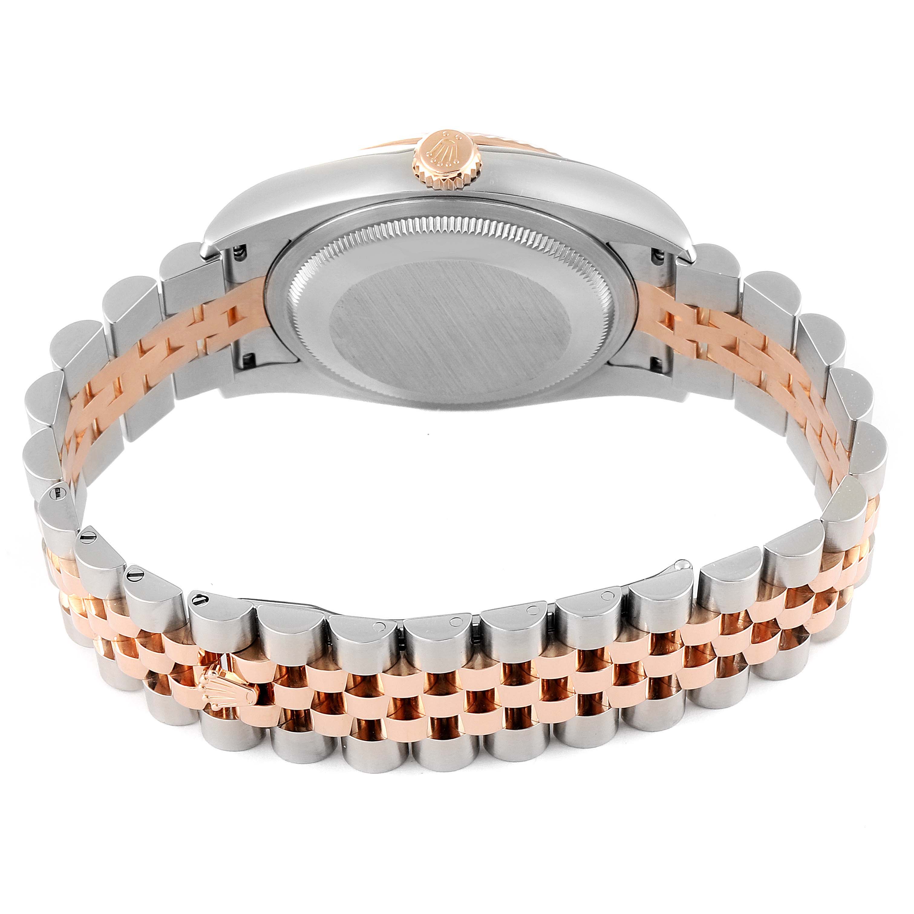 The image shows the back view of a Rolex Datejust 116231 Men's Steel and Gold (two tone) Black Dial 116231 Men's Steel and Gold (two tone) Black Dial watch, highlighting the case and two-tone bracelet.