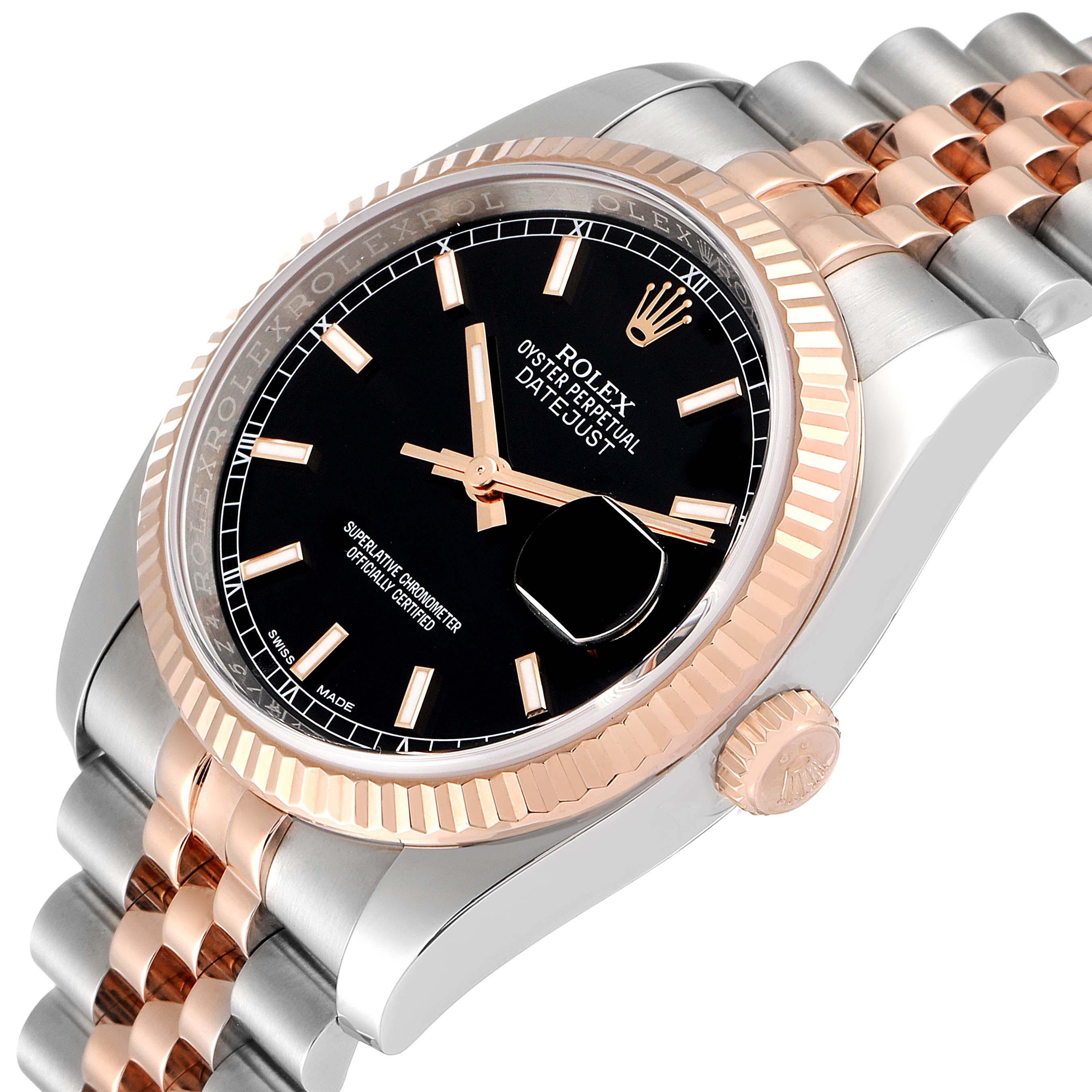 The image shows a close-up, angled view of a Rolex Datejust 116231 Men's Steel and Gold (two tone) Black Dial 116231 Men's Steel and Gold (two tone) Black Dial watch, highlighting the dial, bezel, crown, and part of the bracelet.