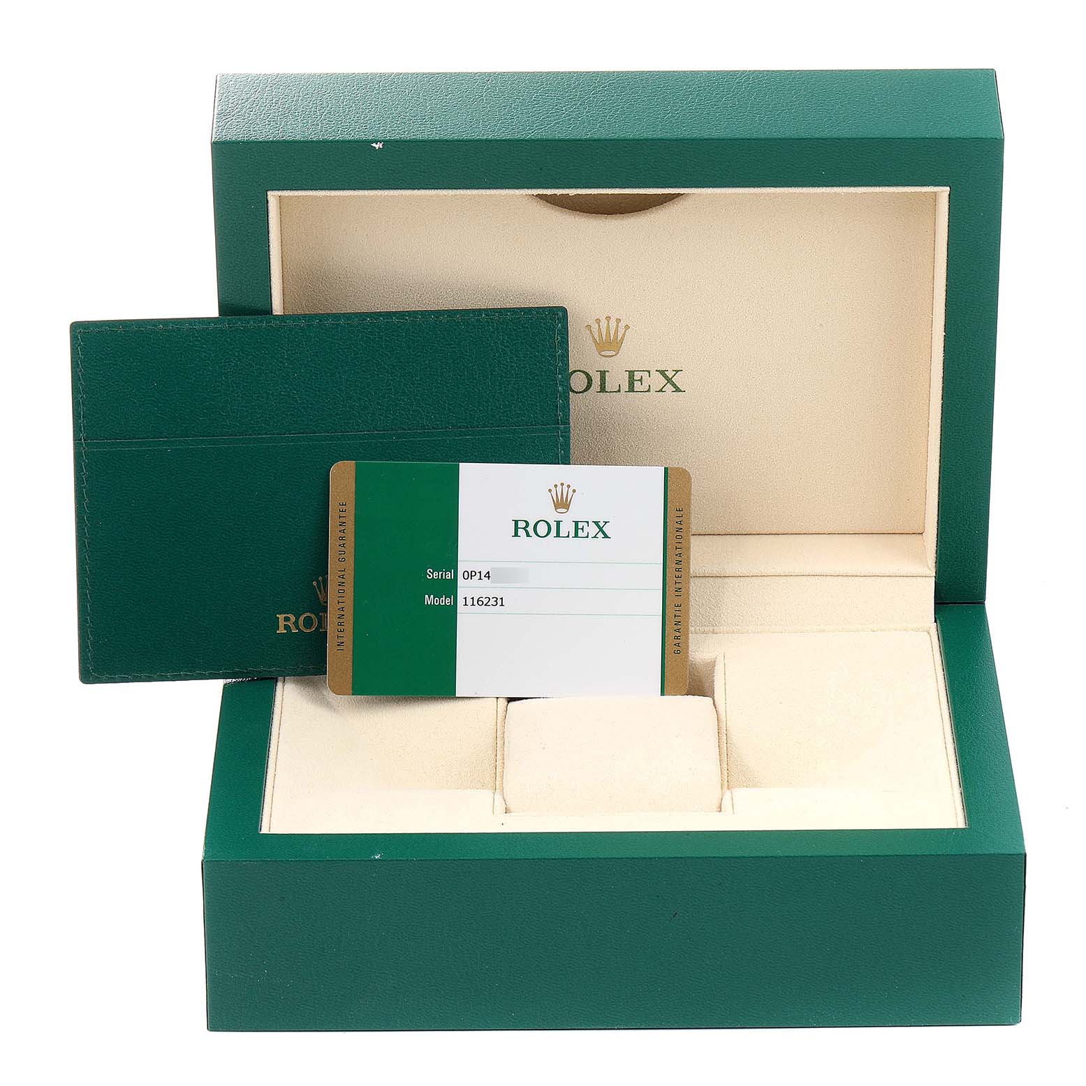 The image shows packaging, a warranty card for the Rolex Datejust 116231 Men's Steel and Gold (two tone) Black Dial 116231 Men's Steel and Gold (two tone) Black Dial watch, and an empty watch box.