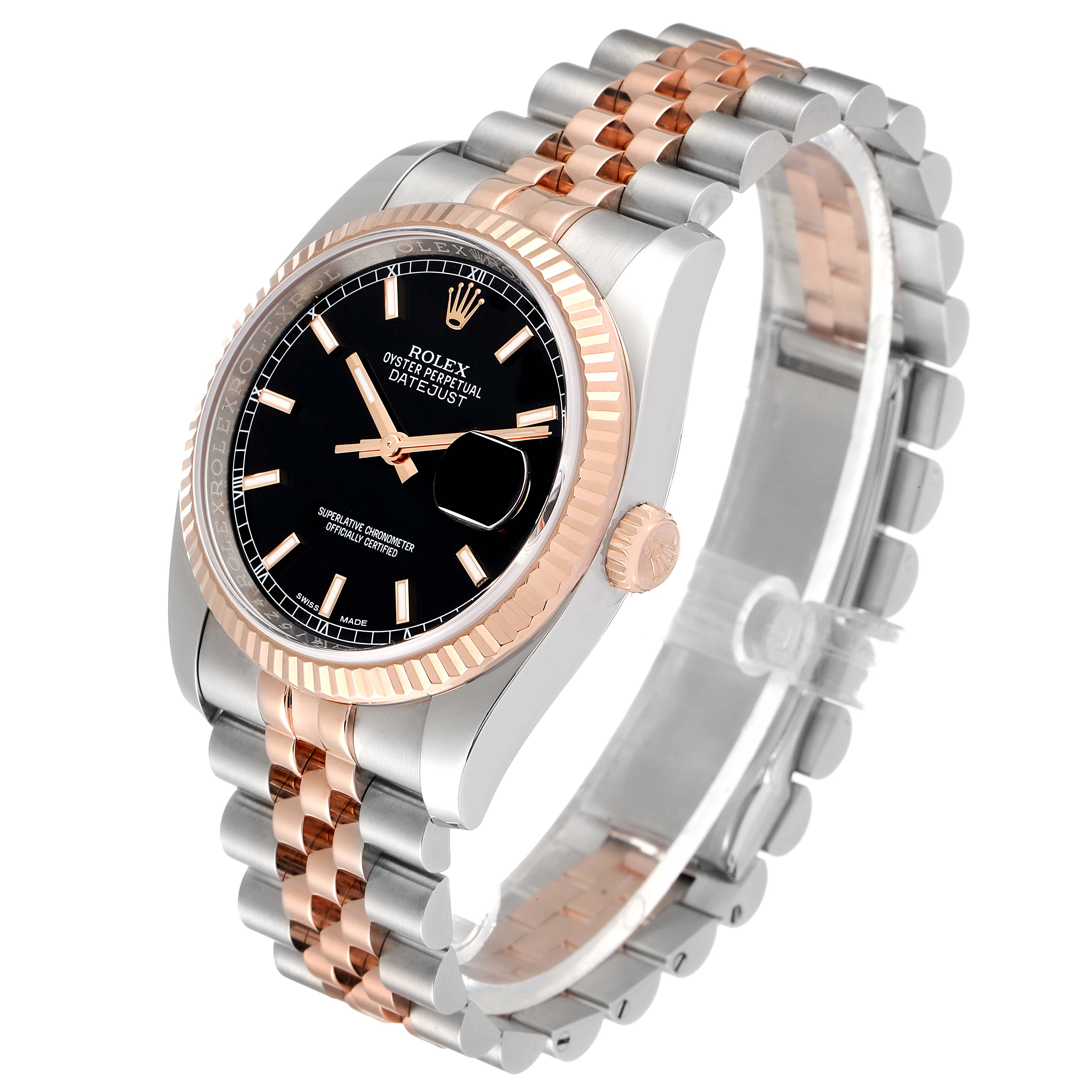 The image shows a Rolex Datejust 116231 Men's Steel and Gold (two tone) Black Dial 116231 Men's Steel and Gold (two tone) Black Dial watch at an angle highlighting the face, bezel, crown, and bracelet.