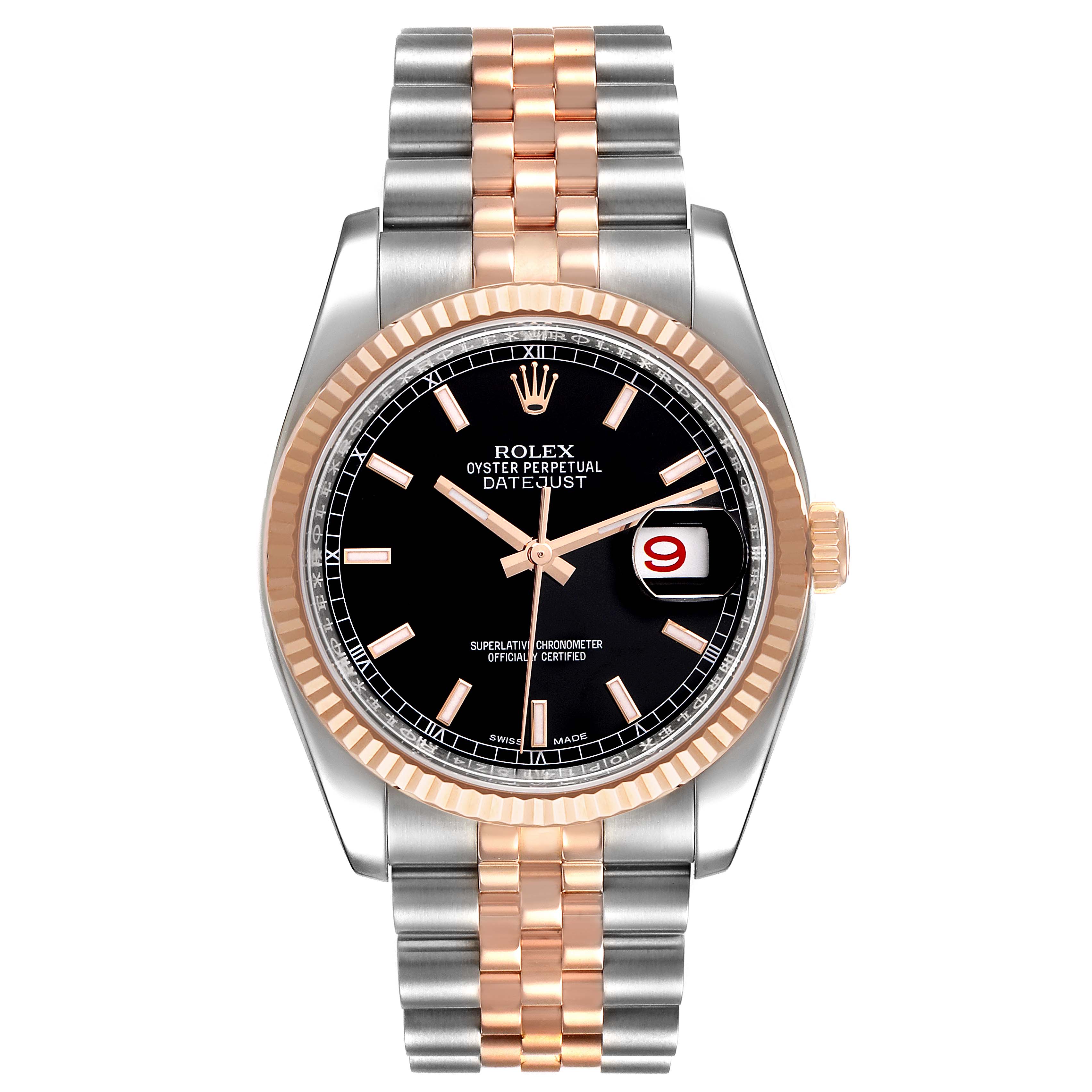 The image shows a front view of a Rolex Datejust 116231 Men's Steel and Gold (two tone) Black Dial 116231 Men's Steel and Gold (two tone) Black Dial watch featuring a two-tone bracelet, black dial, and fluted bezel.