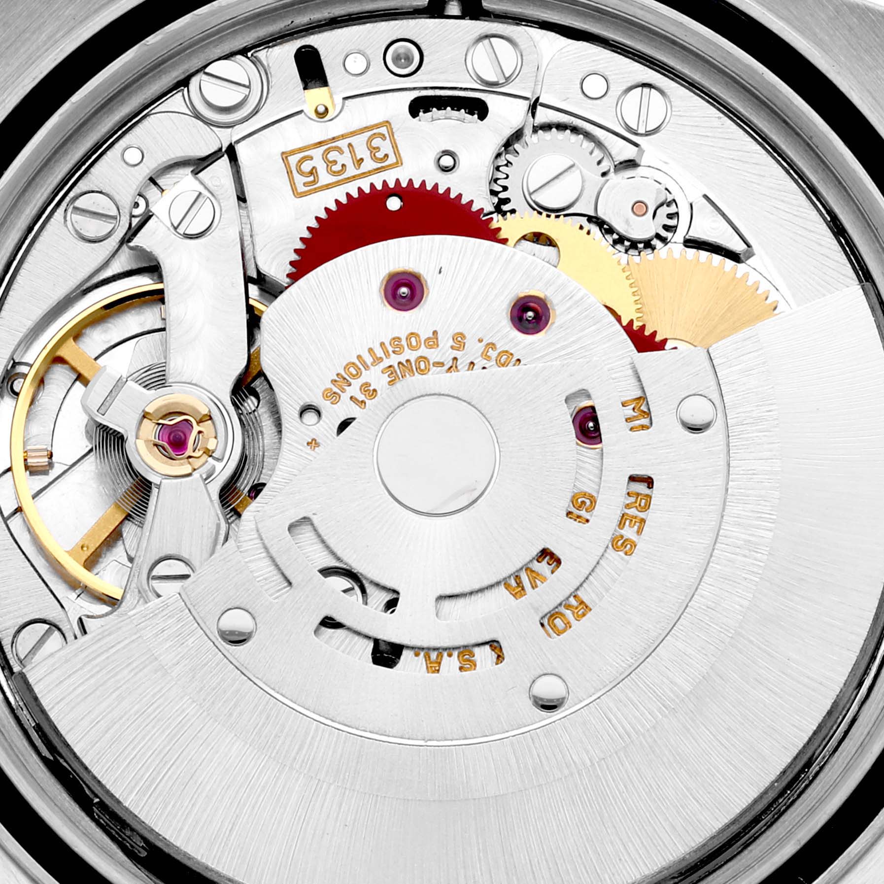 The image shows a close-up of the movement mechanism of a Rolex Datejust 16233 Men's Steel and Gold (two tone) Black Dial 16233 Men's Steel and Gold (two tone) Black Dial watch, highlighting gears and intricate components.