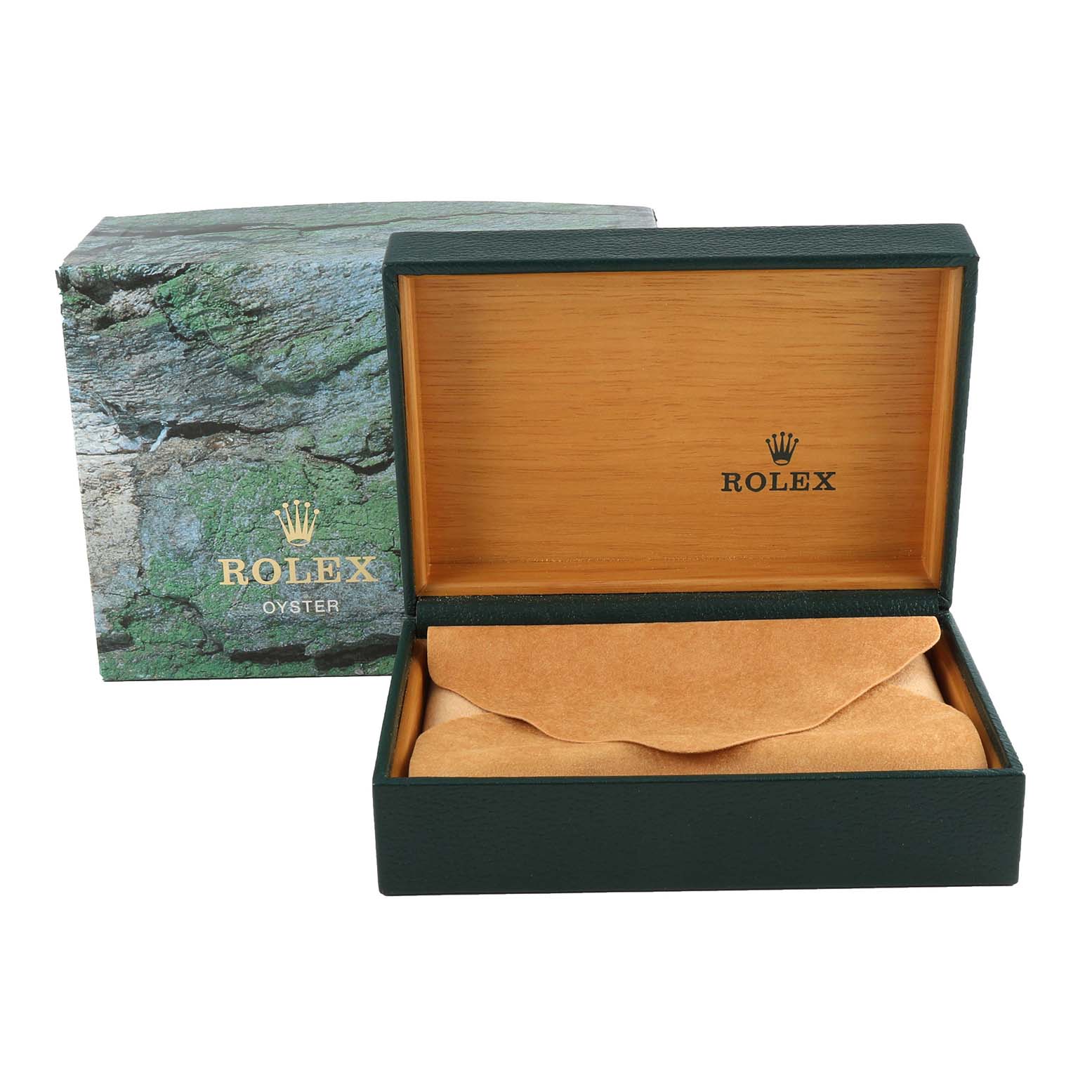 The image shows a Rolex box for the Datejust model, including an outer green box and an open wooden inner box with a suede pouch inside.