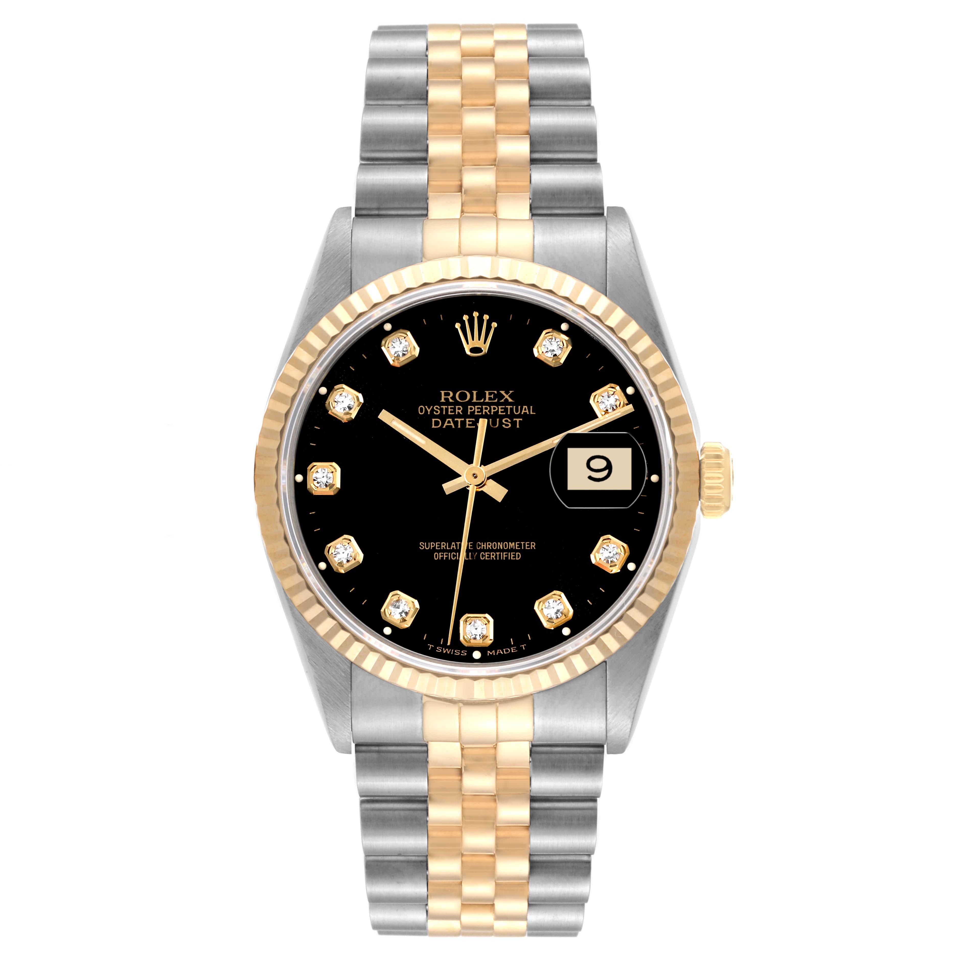 This Rolex Datejust 16233 Men's Steel and Gold (two tone) Black Dial 16233 Men's Steel and Gold (two tone) Black Dial watch is shown from the front, displaying its face, bezel, and two-tone bracelet.