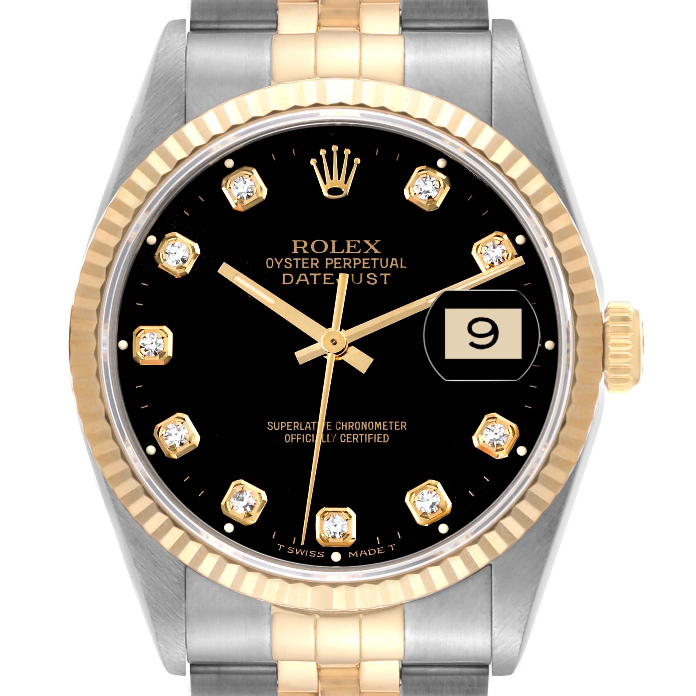 This image shows a Rolex Datejust 16233 Men's Steel and Gold (two tone) Black Dial 16233 Men's Steel and Gold (two tone) Black Dial watch from a top-down angle, displaying its black dial, gold markers, fluted bezel, and two-tone bracelet.