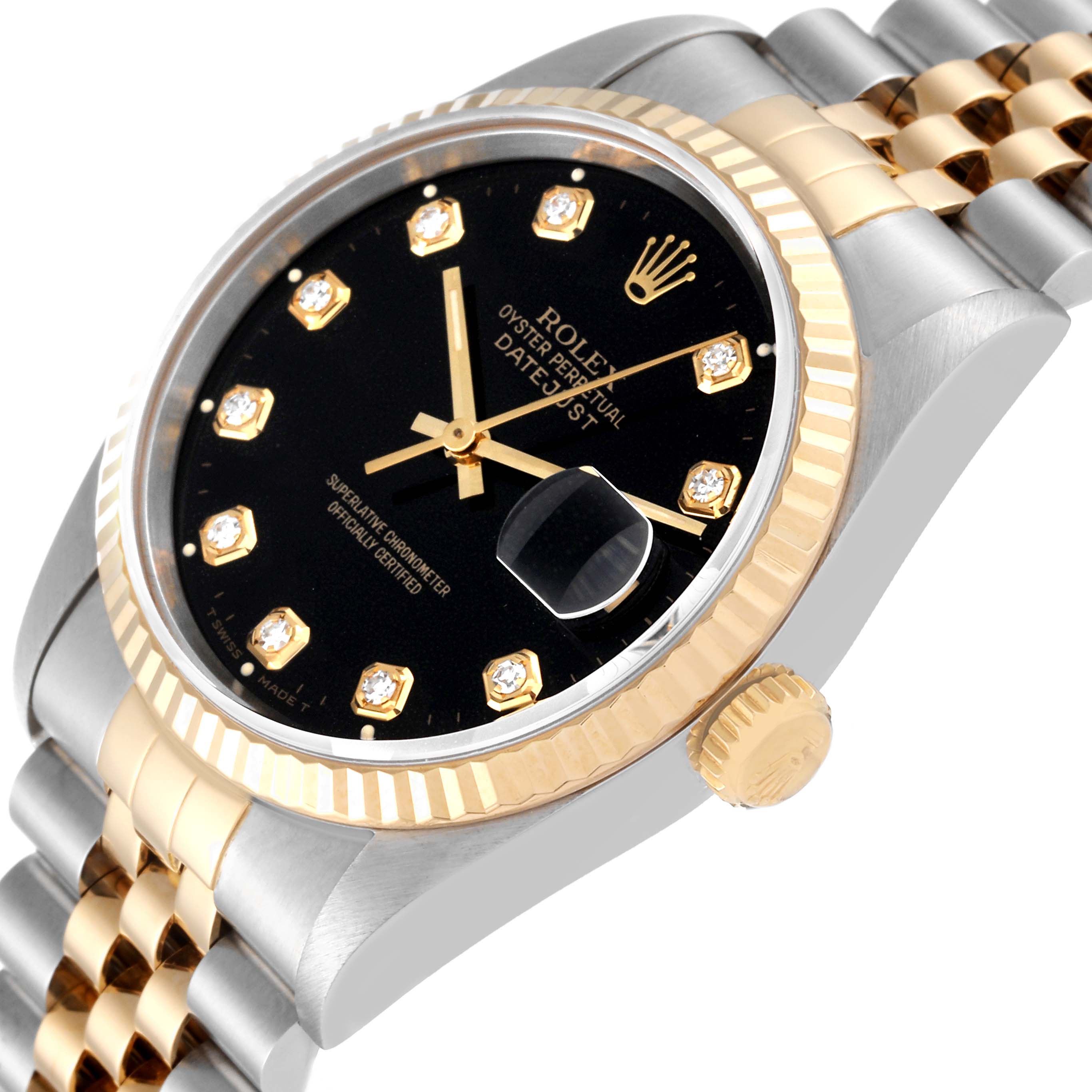 The image shows a close-up angled side view of a Rolex Datejust 16233 Men's Steel and Gold (two tone) Black Dial 16233 Men's Steel and Gold (two tone) Black Dial watch, highlighting the dial, bezel, crown, and part of the bracelet.