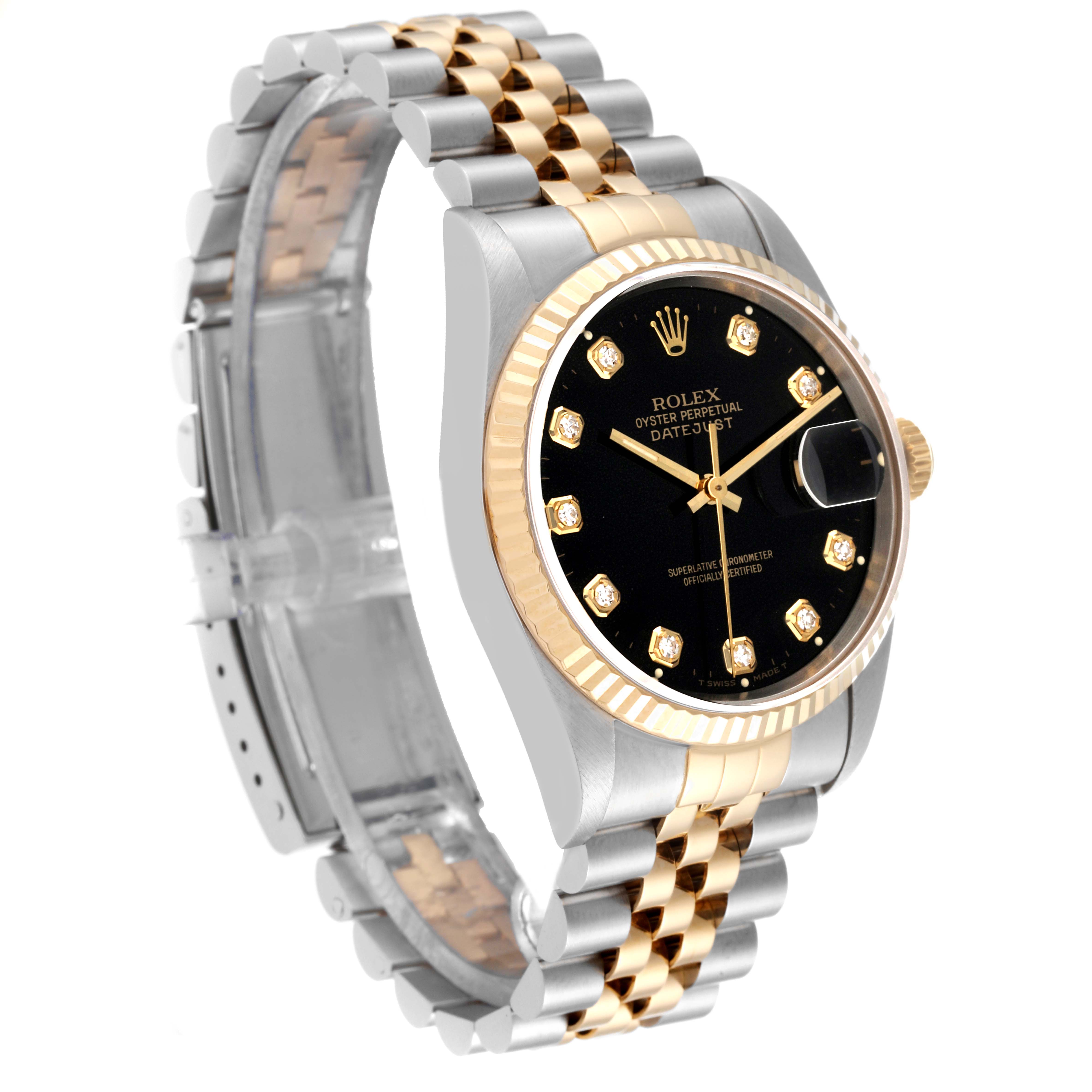 The image shows a Rolex Datejust 16233 Men's Steel and Gold (two tone) Black Dial 16233 Men's Steel and Gold (two tone) Black Dial watch with a black dial, diamond hour markers, and a two-tone metal strap at a slight angle.