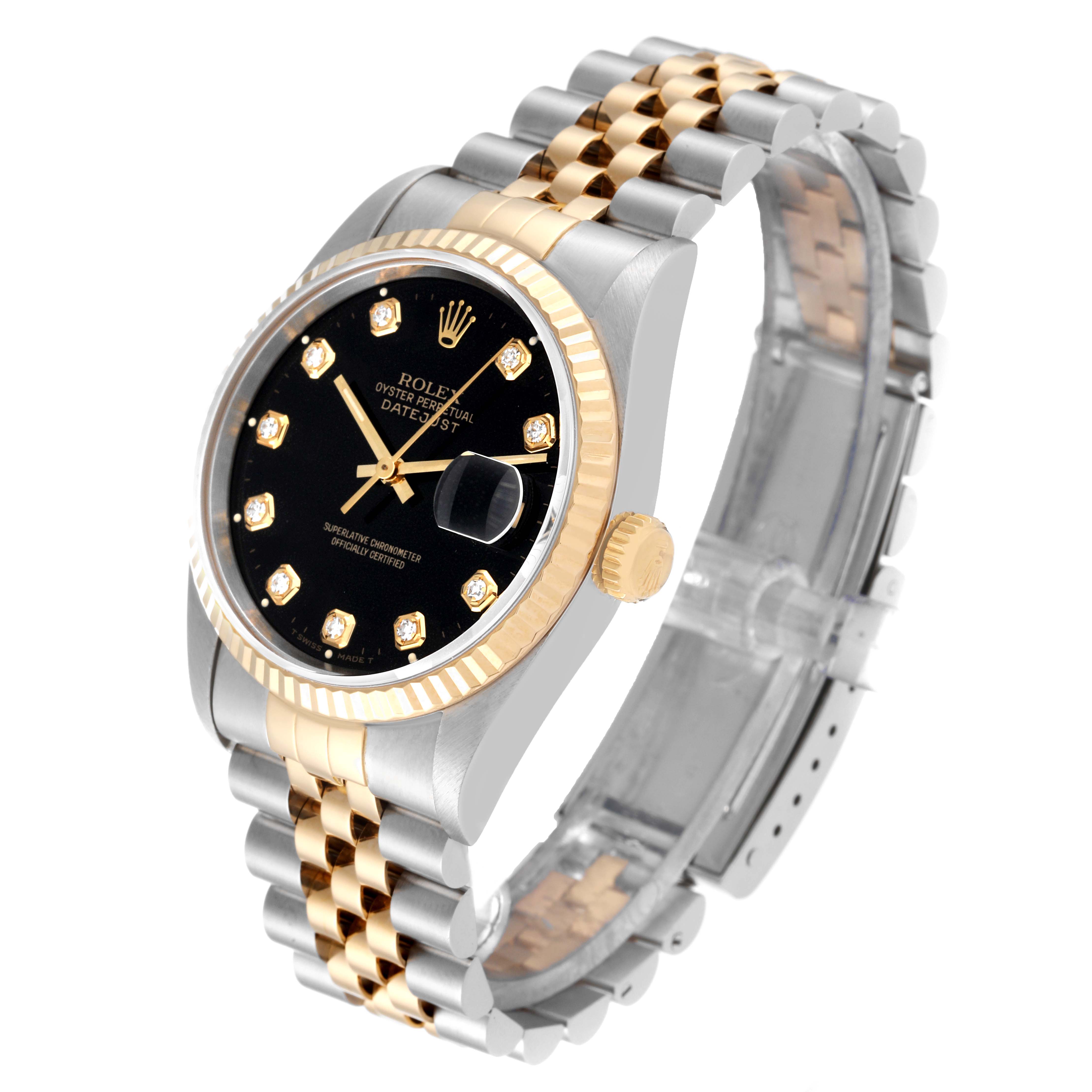 This image shows the front and side view of a Rolex Datejust 16233 Men's Steel and Gold (two tone) Black Dial 16233 Men's Steel and Gold (two tone) Black Dial watch, highlighting the dial, bezel, and bracelet.
