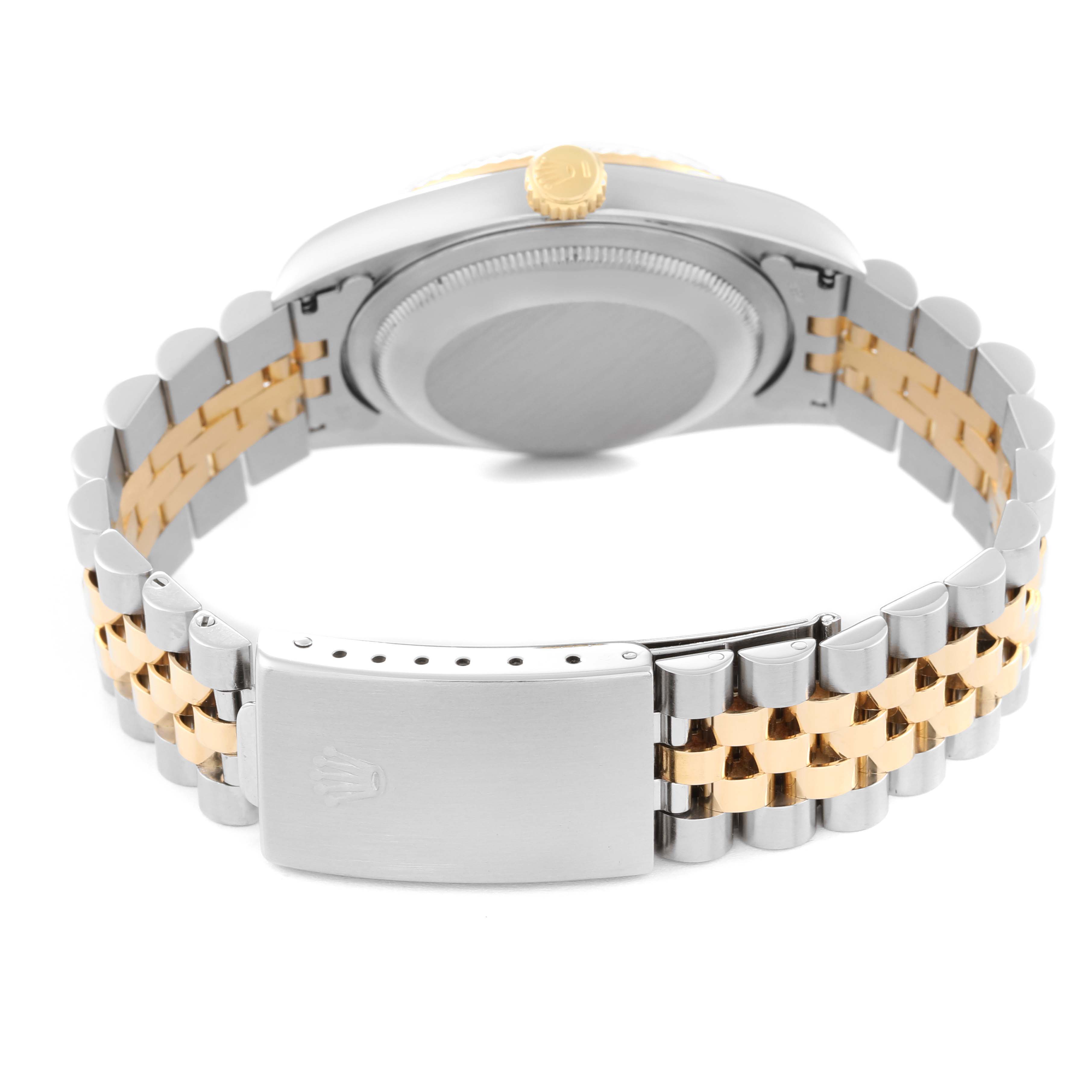 This image shows the back side of a Rolex Datejust 16233 Men's Steel and Gold (two tone) Black Dial 16233 Men's Steel and Gold (two tone) Black Dial watch, highlighting the clasp and bracelet with a two-tone metal design.