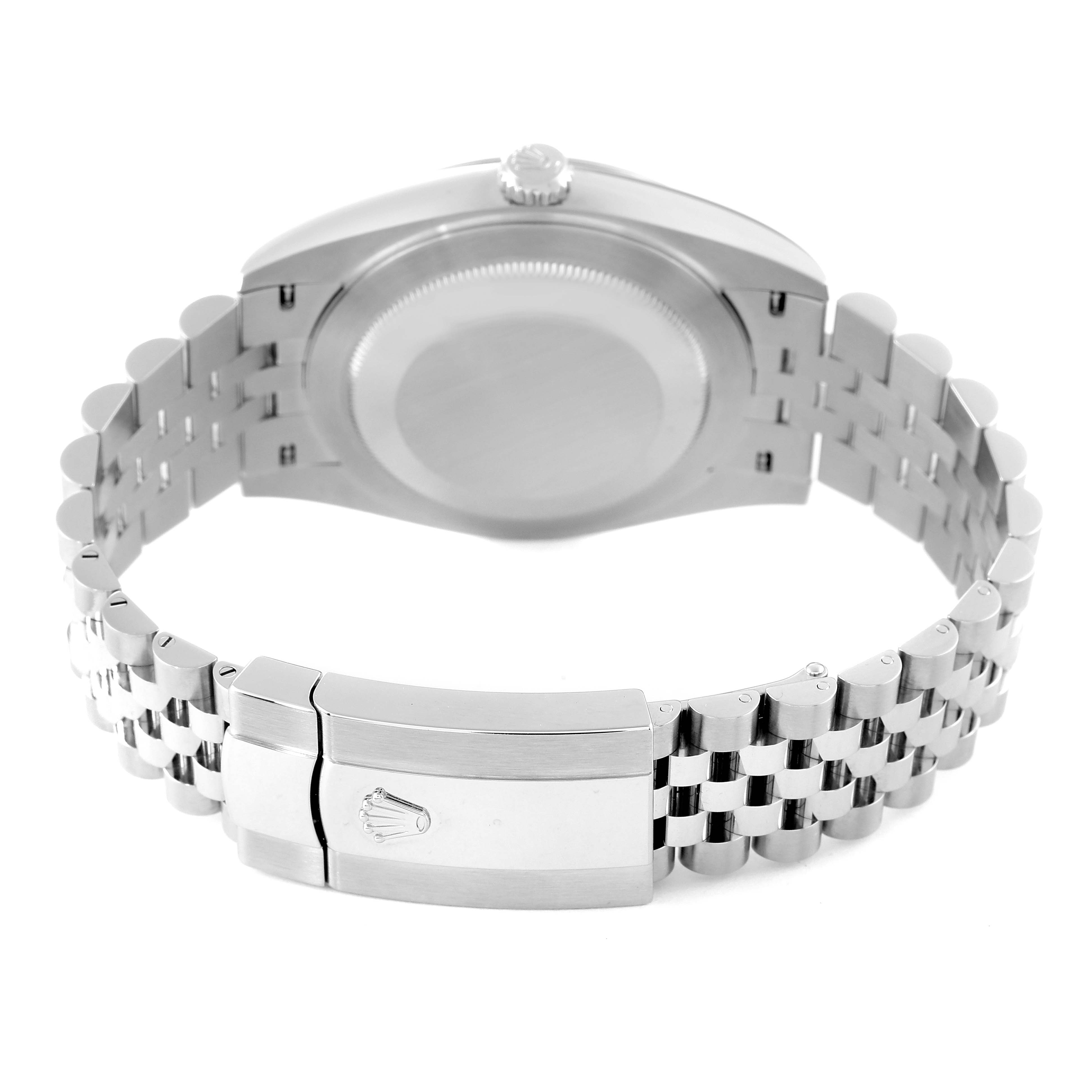 The image shows the back view of a Rolex Datejust 41 126300 Men's Stainless Steel Blue Dial 126300 Men's Stainless Steel Blue Dial watch, focusing on the case back and the Jubilee bracelet clasp.