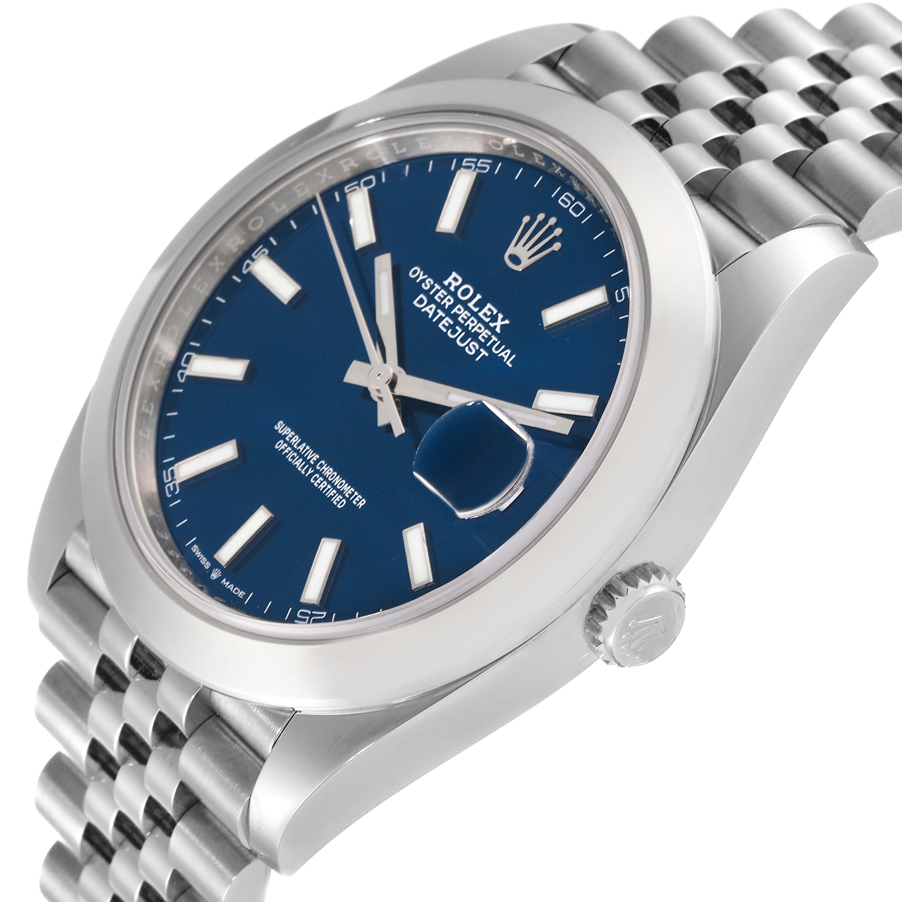 This image shows a close-up angle of the Rolex Datejust 41 126300 Men's Stainless Steel Blue Dial 126300 Men's Stainless Steel Blue Dial watch, highlighting the dial, case, and a portion of the bracelet.