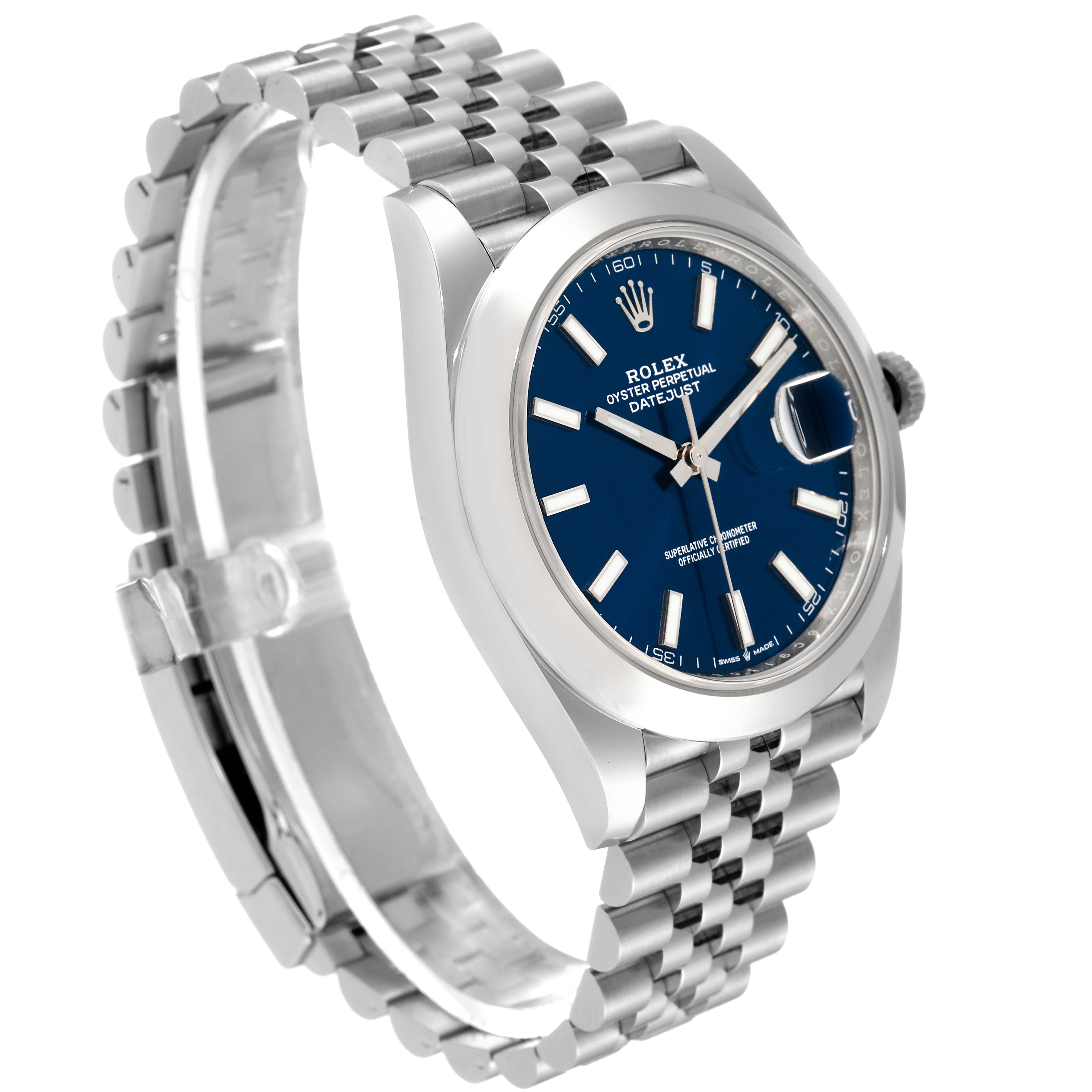 This image shows a side angle of the Rolex Datejust 41 126300 Men's Stainless Steel Blue Dial 126300 Men's Stainless Steel Blue Dial watch, highlighting its blue dial and Jubilee bracelet.