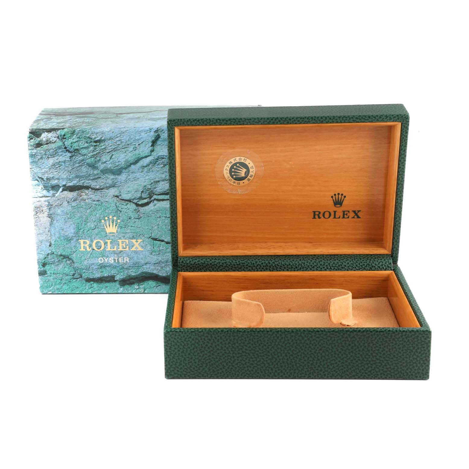 The image shows the open box and outer packaging for a Rolex Datejust 16233 Men's Steel and Gold (two tone) Champagne Dial 16233 Men's Steel and Gold (two tone) Champagne Dial watch, featuring a green exterior and wooden interior.