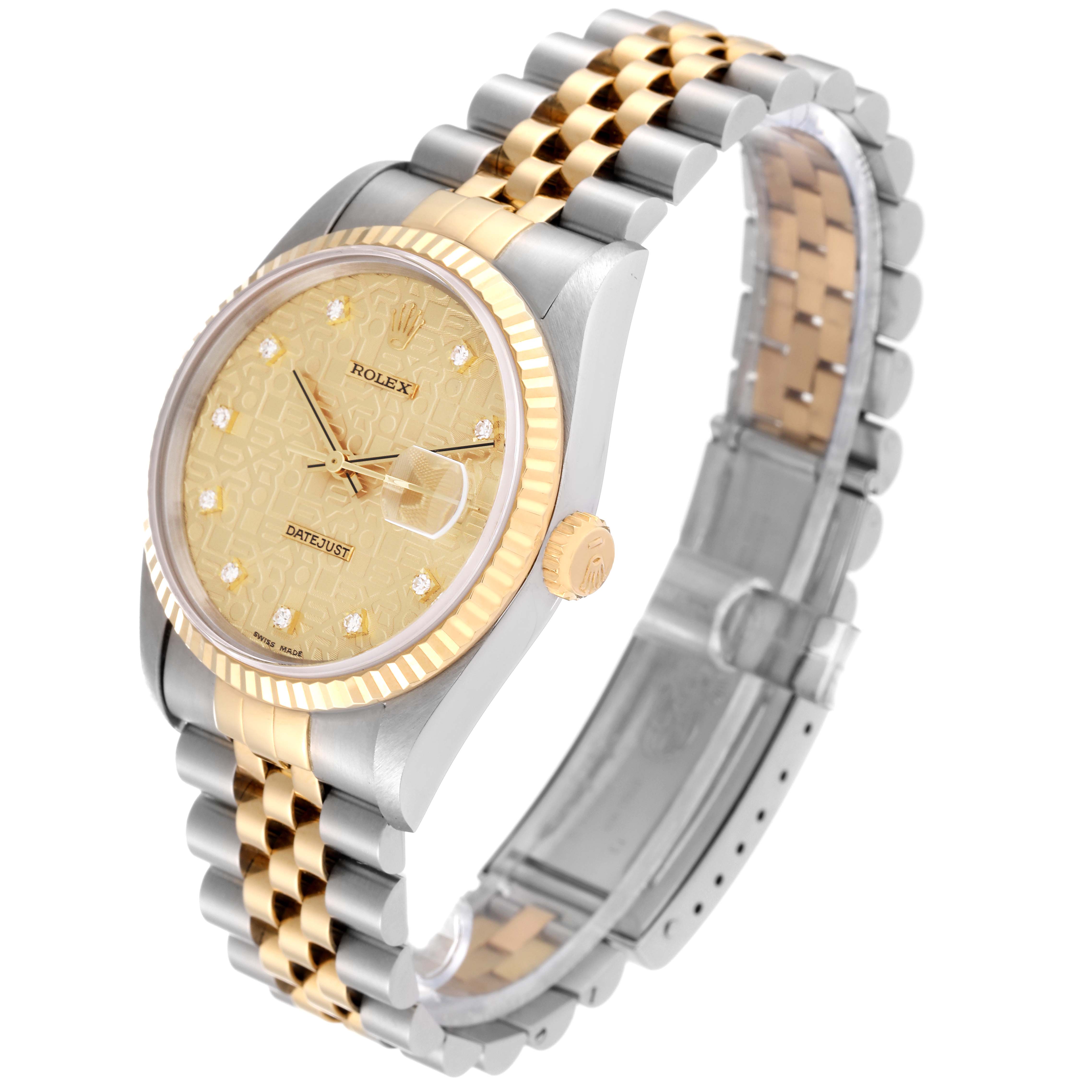 This image shows a Rolex Datejust 16233 Men's Steel and Gold (two tone) Champagne Dial 16233 Men's Steel and Gold (two tone) Champagne Dial watch at a three-quarter angle highlighting its dial, bezel, and two-tone bracelet.