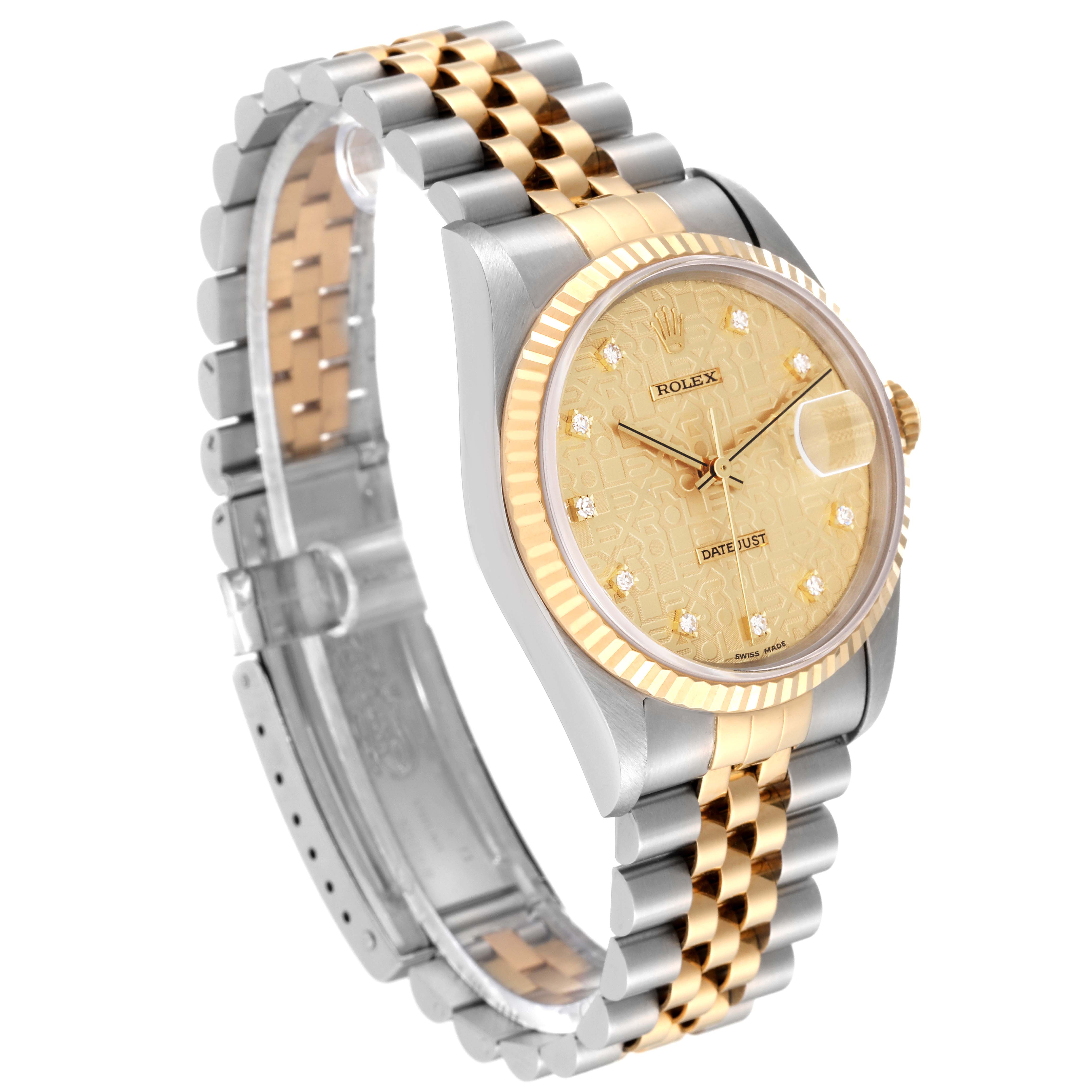 The image shows a Rolex Datejust 16233 Men's Steel and Gold (two tone) Champagne Dial 16233 Men's Steel and Gold (two tone) Champagne Dial watch at a slight angle, displaying its gold and silver jubilee bracelet and champagne diamond dial.
