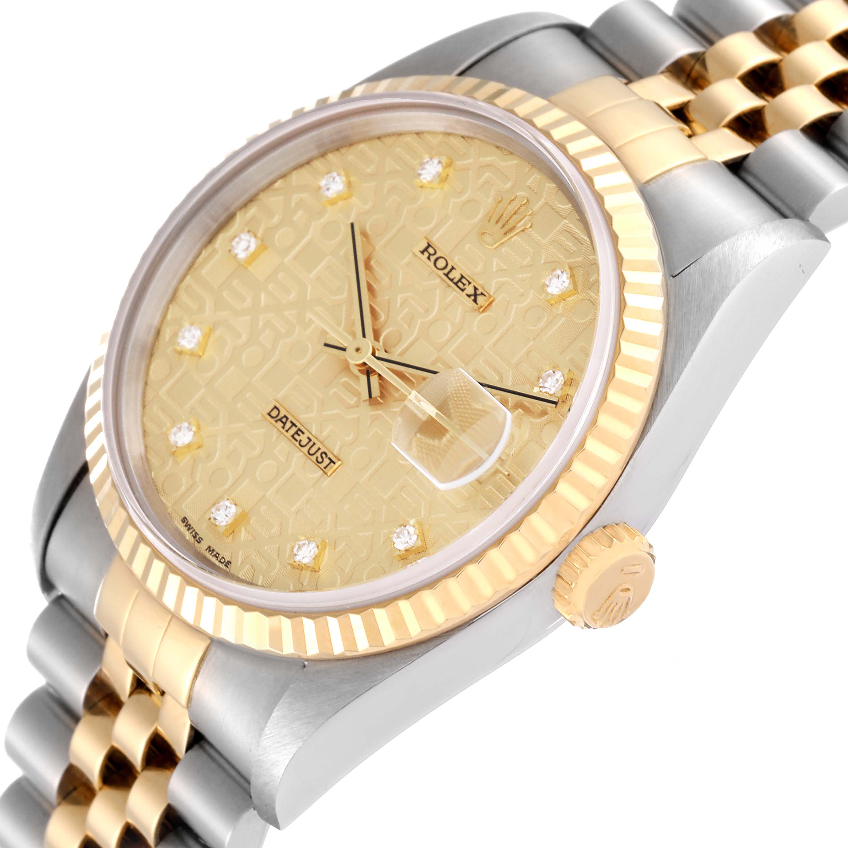 This image shows a close-up, angled view of a Rolex Datejust 16233 Men's Steel and Gold (two tone) Champagne Dial 16233 Men's Steel and Gold (two tone) Champagne Dial, focusing on its face, bezel, crown, and part of the band.
