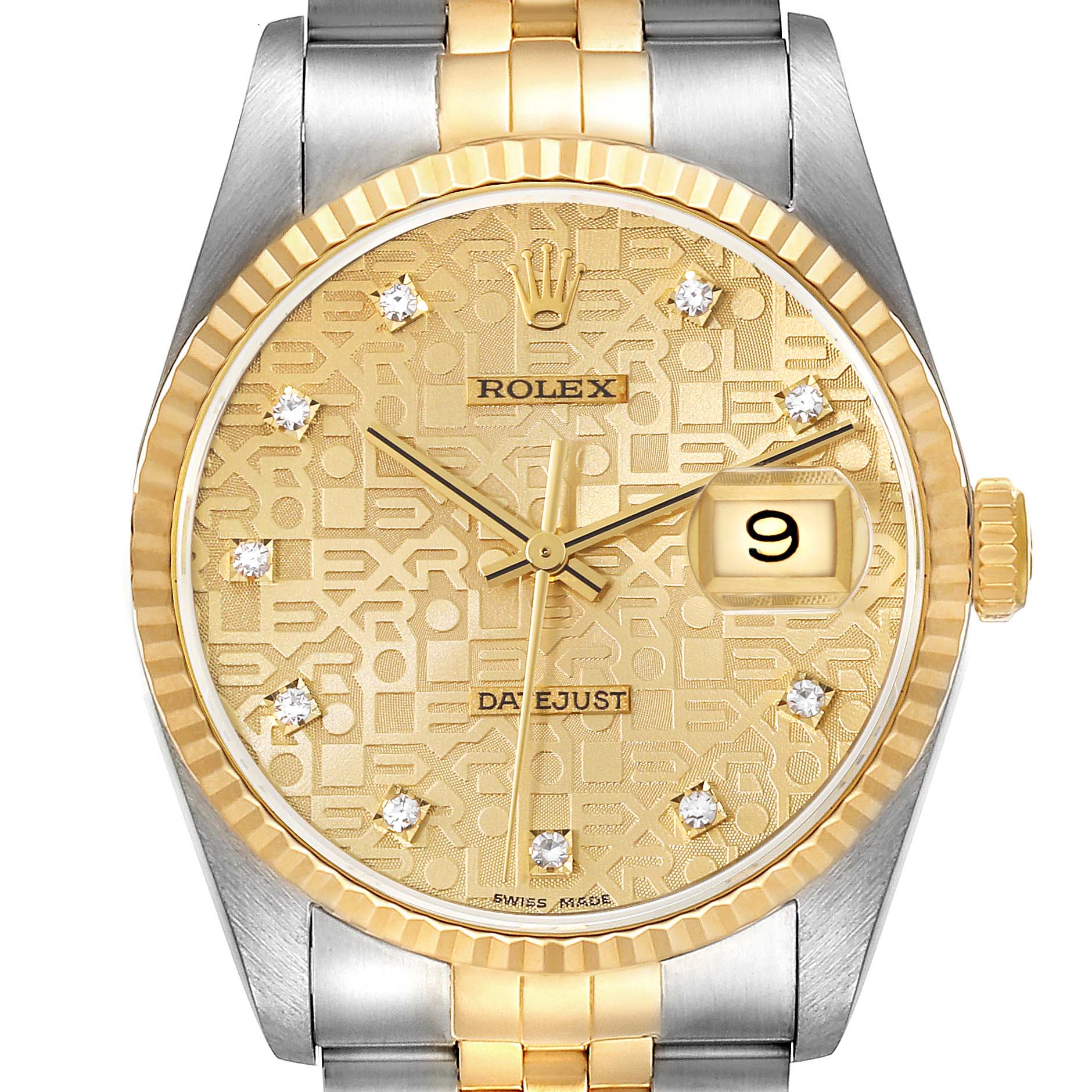 The Rolex Datejust 16233 Men's Steel and Gold (two tone) Champagne Dial 16233 Men's Steel and Gold (two tone) Champagne Dial watch is shown from a front angle, displaying its face, bezel, dial, hands, and part of the bracelet.