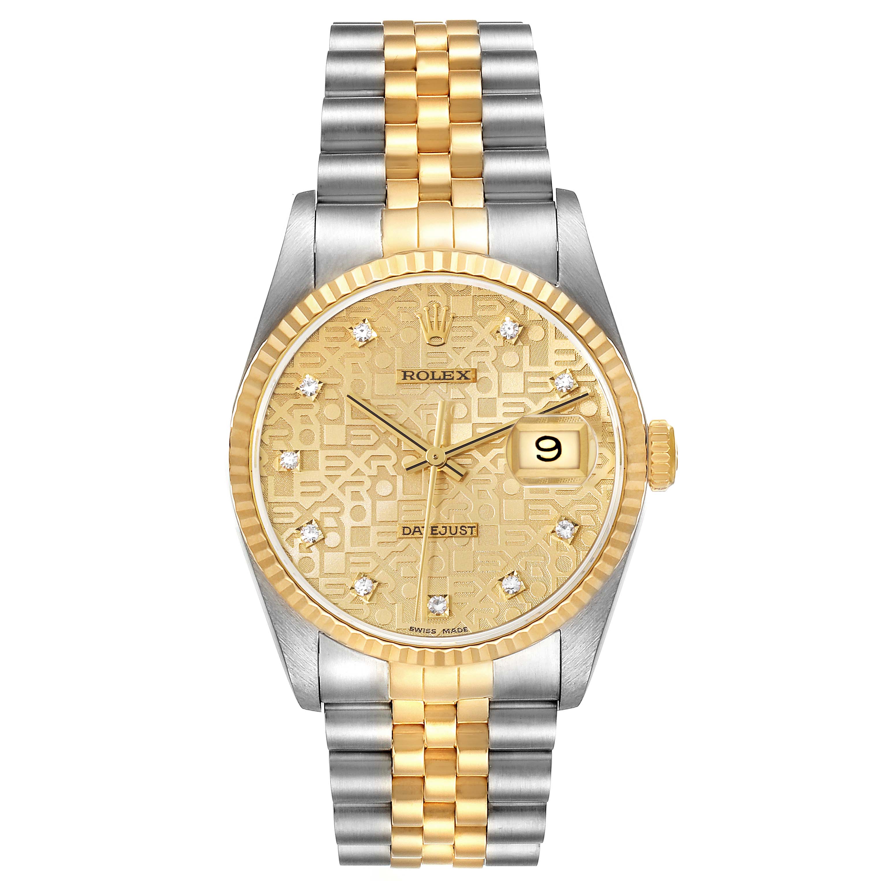 The Rolex Datejust 16233 Men's Steel and Gold (two tone) Champagne Dial 16233 Men's Steel and Gold (two tone) Champagne Dial watch is shown from a front angle, displaying its face, fluted bezel, two-tone bracelet, and date window.