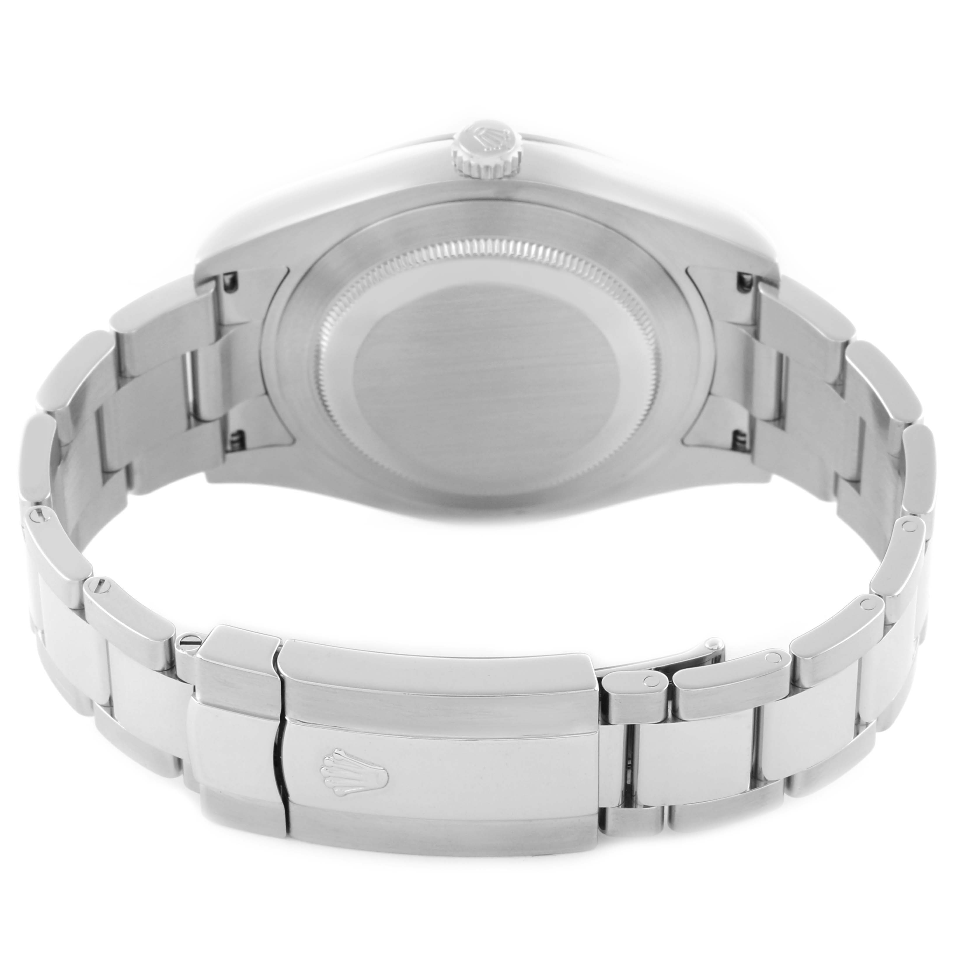 The image shows the back view of the Rolex Datejust 41 116334 Men's Stainless Steel White Dial 116334 Men's Stainless Steel White Dial, highlighting the clasp and bracelet.