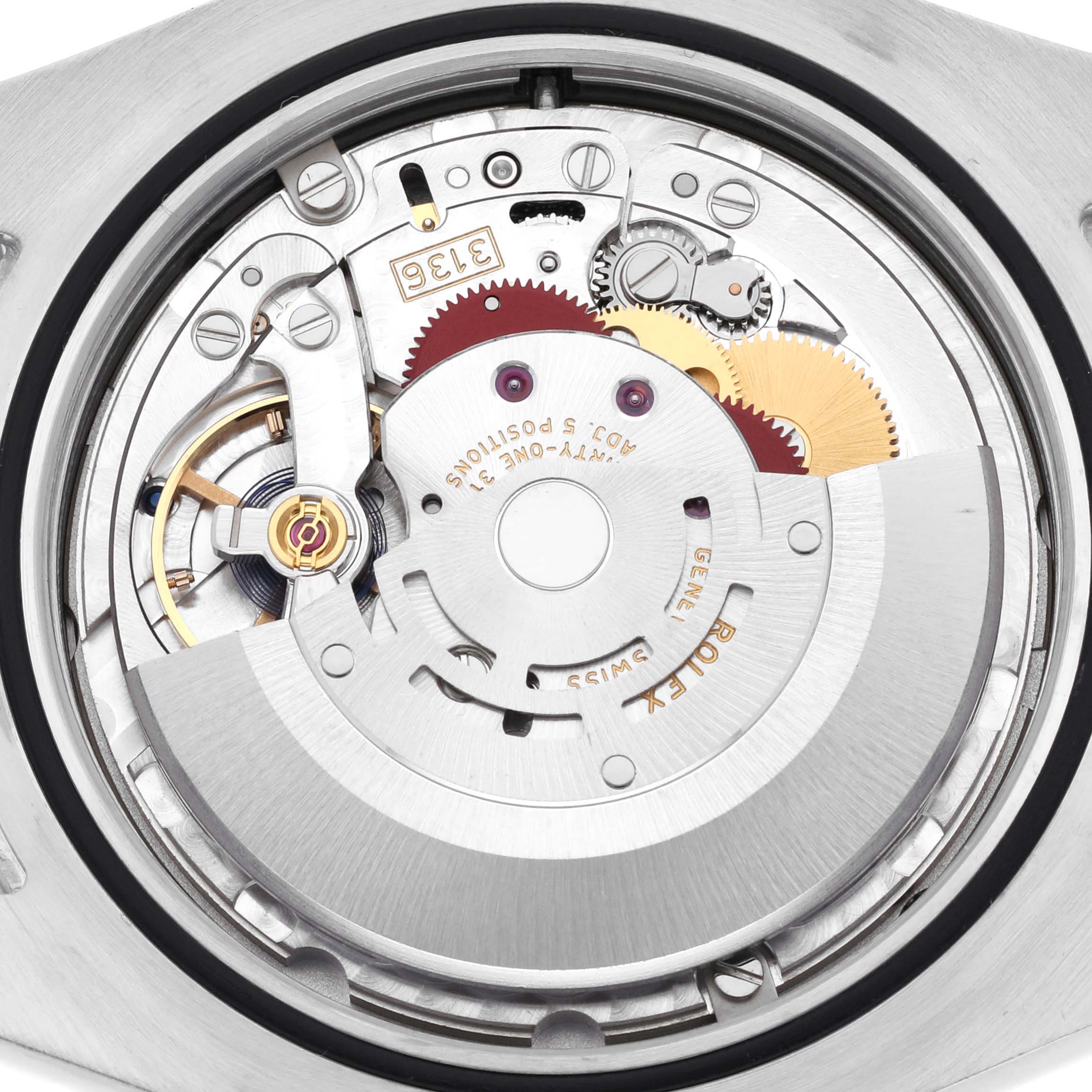 The image shows the back view of the Rolex Datejust 41 116334 Men's Stainless Steel White Dial 116334 Men's Stainless Steel White Dial movement, displaying its intricate mechanical components.