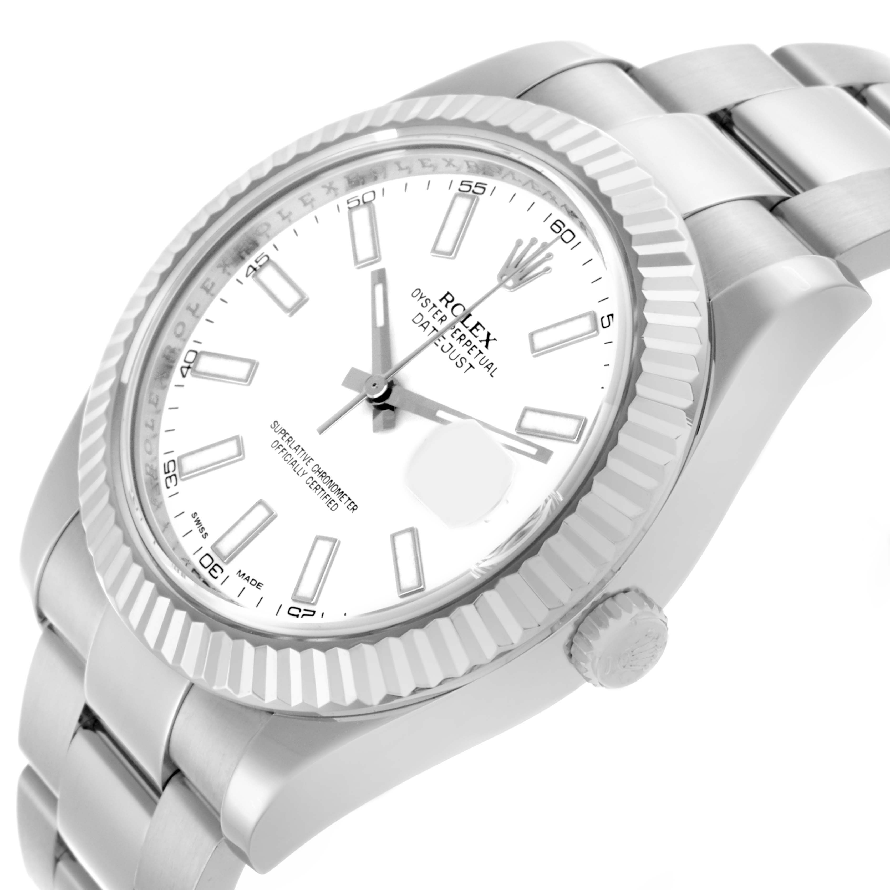 The Rolex Datejust 41 116334 Men's Stainless Steel White Dial 116334 Men's Stainless Steel White Dial is shown at a slight angle, highlighting the white dial, fluted bezel, crown, and part of the bracelet.