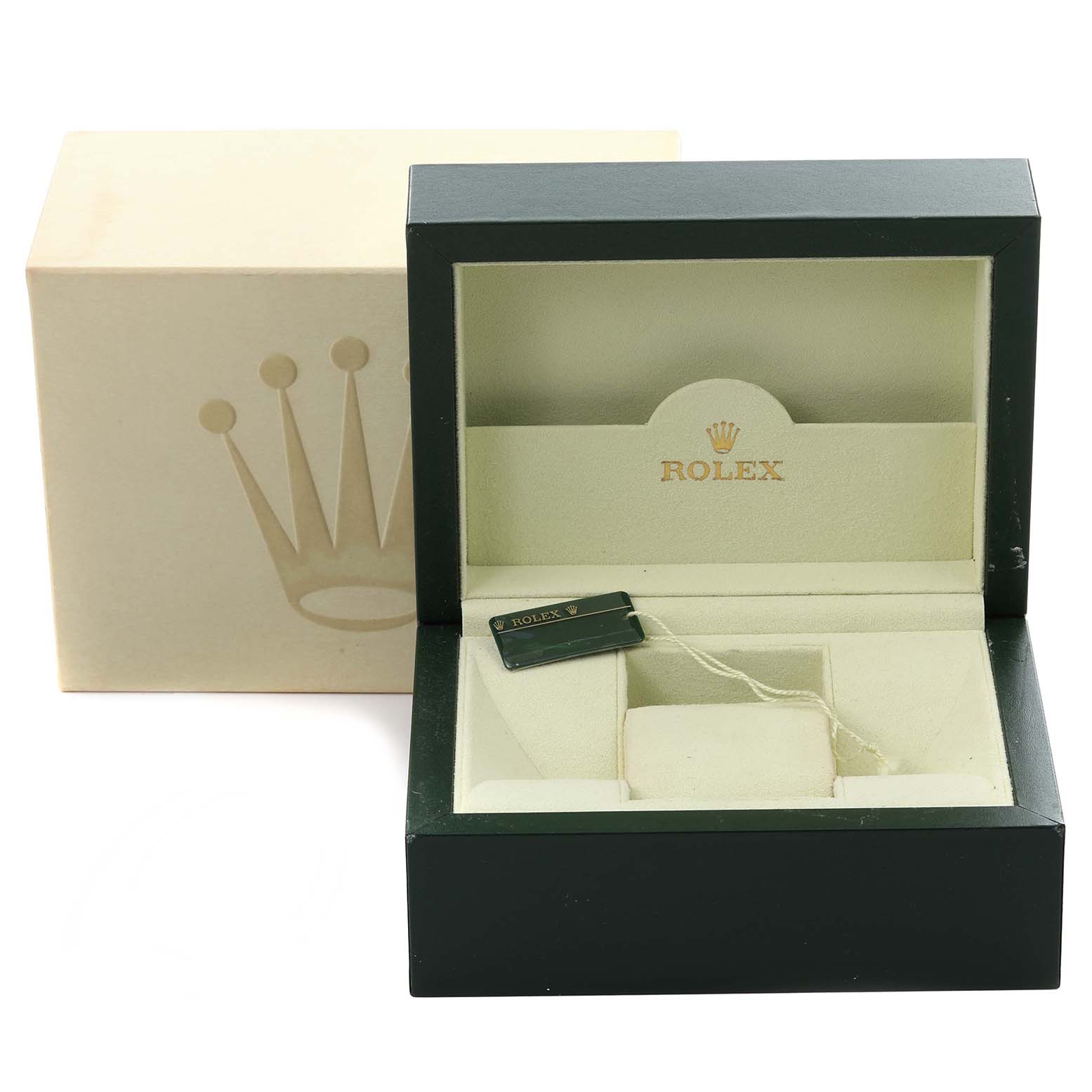 The image shows the box and packaging for a Rolex Datejust 41 116334 Men's Stainless Steel White Dial 116334 Men's Stainless Steel White Dial, including a green inner box and outer cream box with logo.