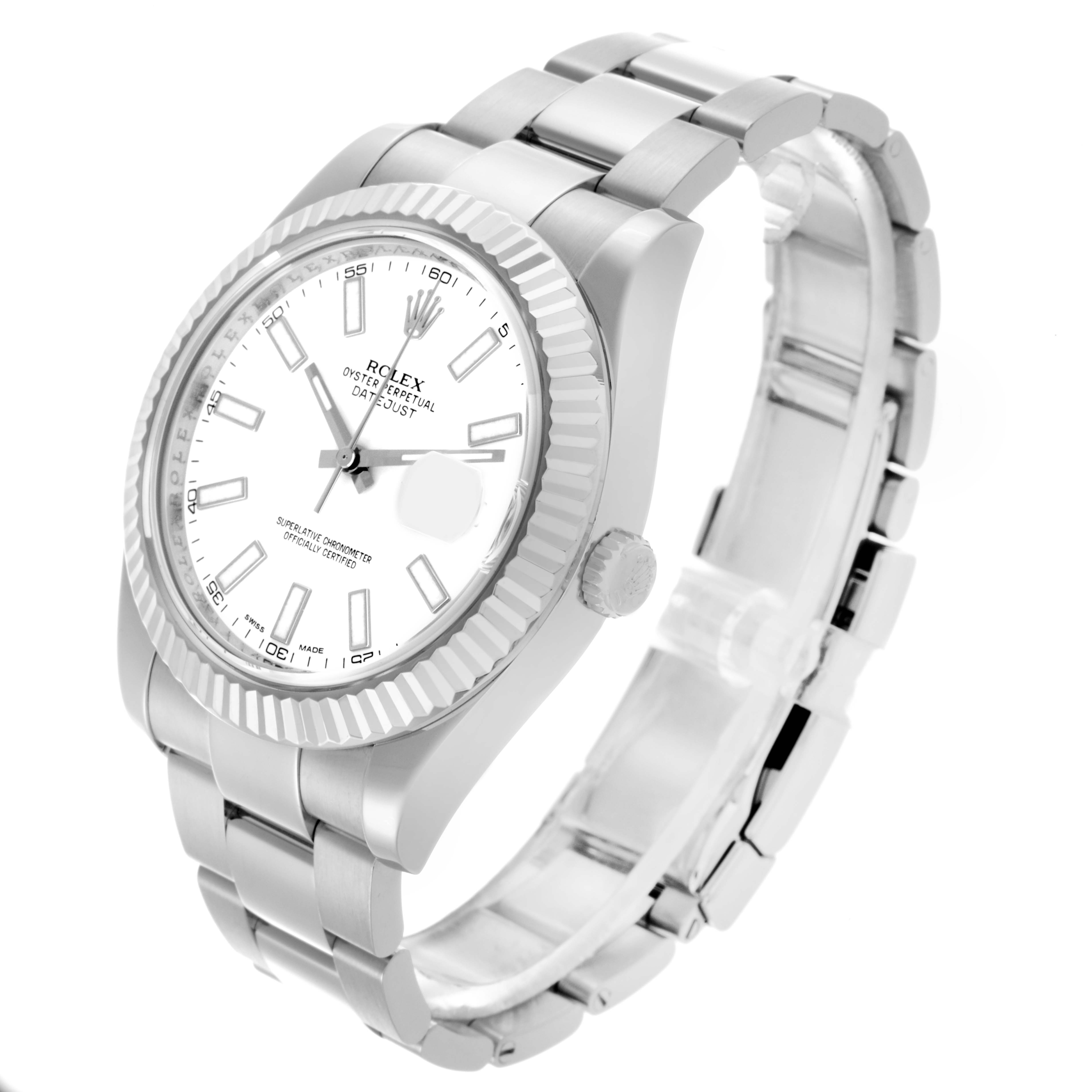The Rolex Datejust 41 116334 Men's Stainless Steel White Dial 116334 Men's Stainless Steel White Dial is shown at a three-quarter angle, highlighting the bracelet, case, and fluted bezel.