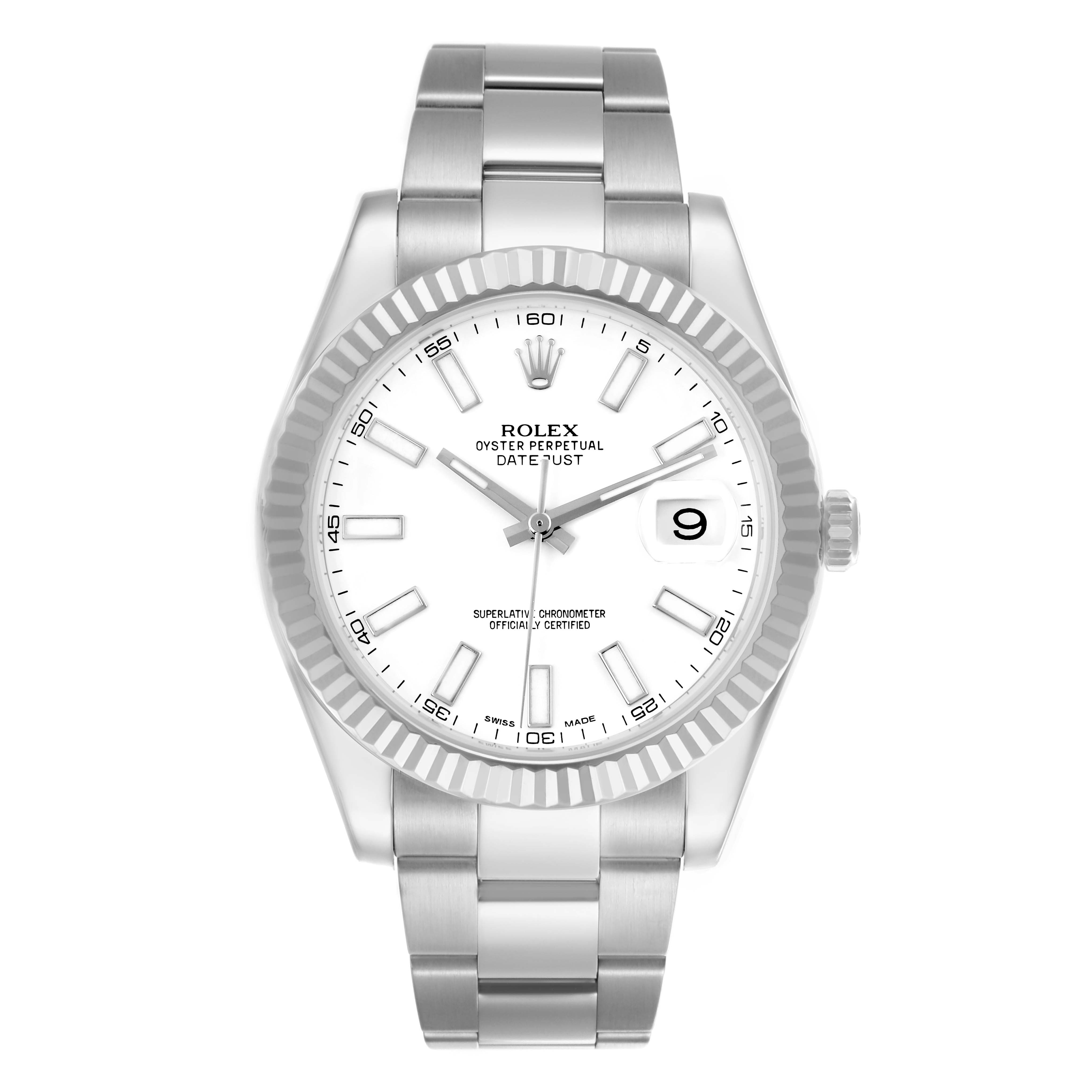 The Rolex Datejust 41 116334 Men's Stainless Steel White Dial 116334 Men's Stainless Steel White Dial is shown from a front view, displaying the dial, bezel, and bracelet clearly.